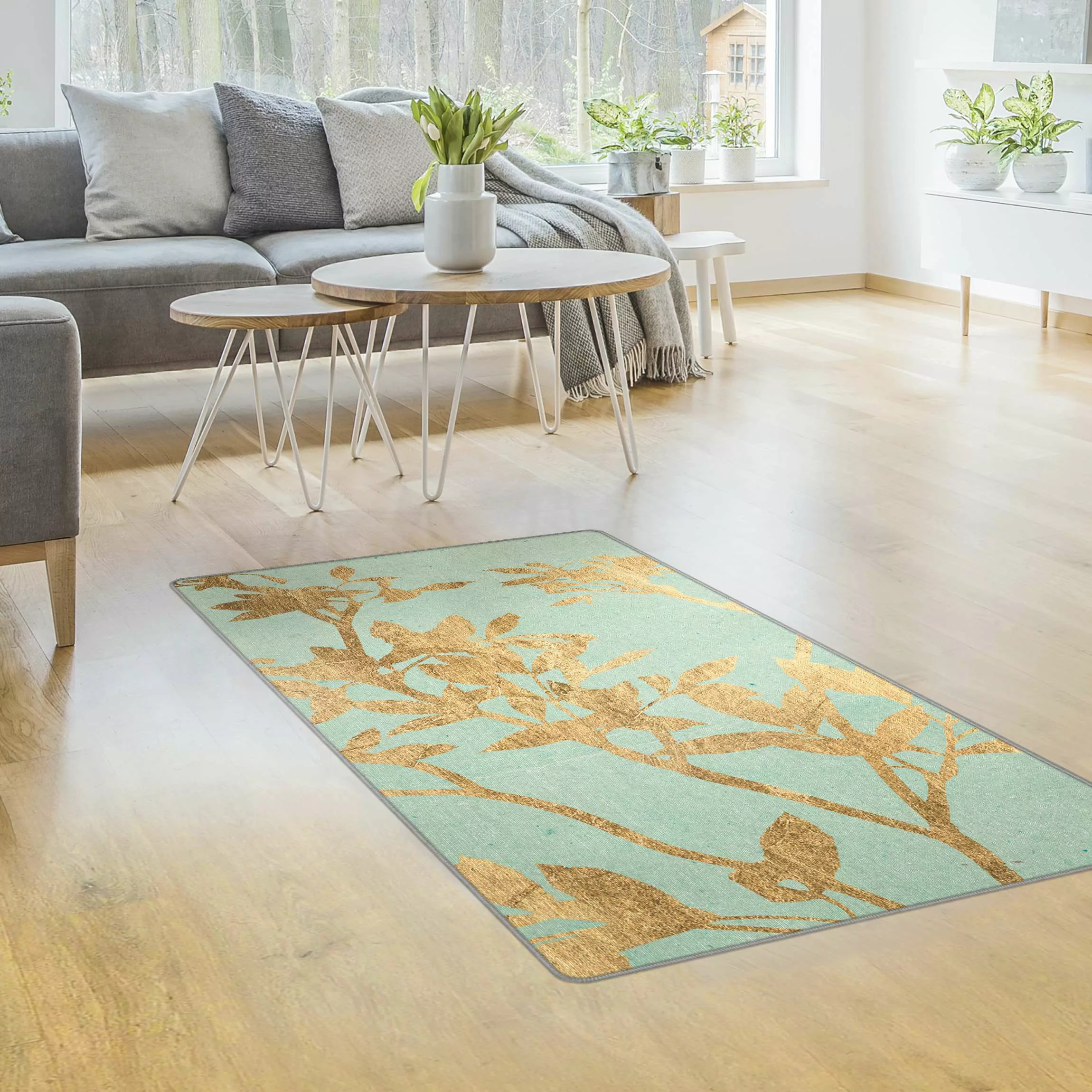 Teppich Goldene Blätter auf Turquoise II günstig online kaufen