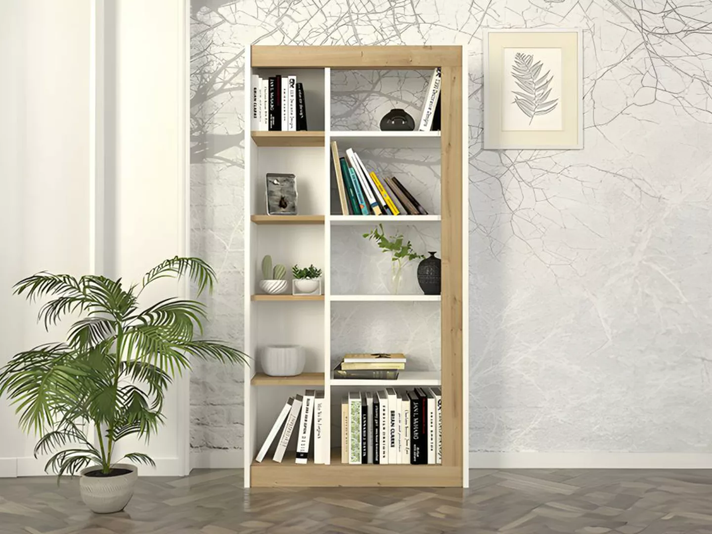 Bücherregal mit 10 Regalfächern - Holzfarben hell & Weiß - SILOMAI günstig online kaufen