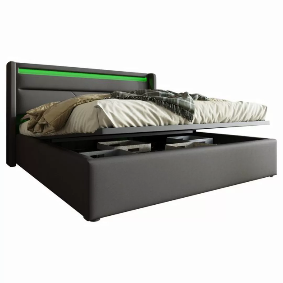 BlingBin Polsterbett Stauraumbett Doppelbett mit LED-Leuchten 140x200cm Gra günstig online kaufen