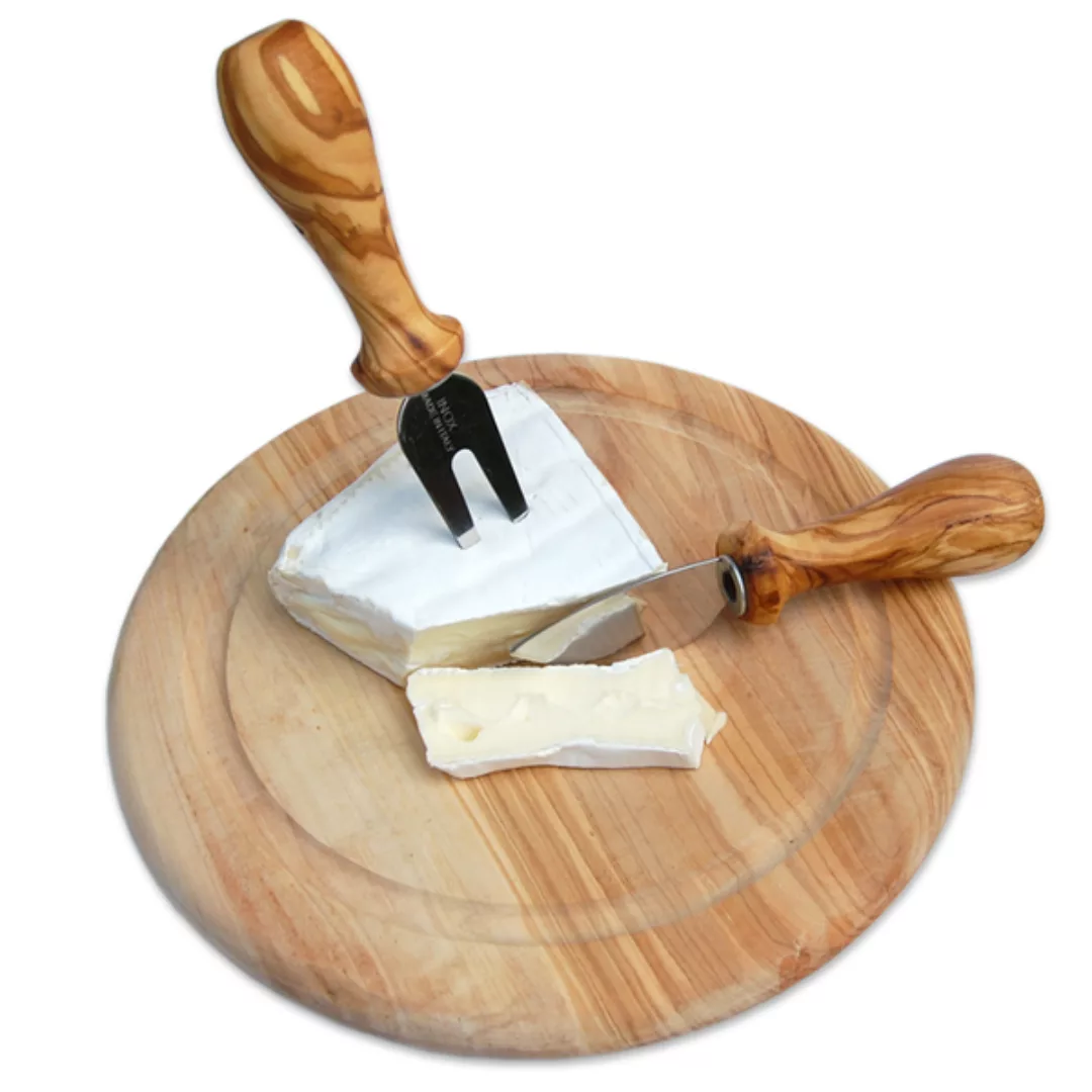 2er Set Käsebesteck Plus Teller Ø 22 Cm Olivenholz günstig online kaufen