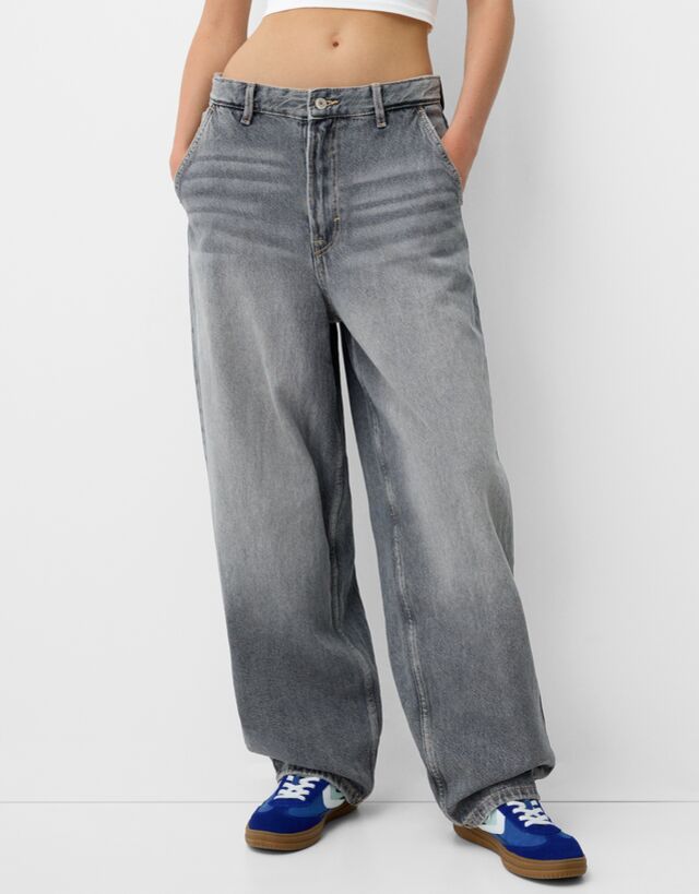 Bershka Skater-Fit-Jeans Im Washed-Look Damen 42 Dunkelgrau günstig online kaufen