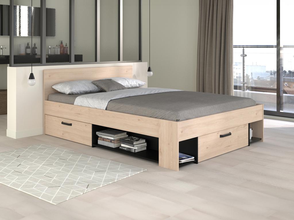 Bett mit Stauraum + Lattenrost + Matratze - 140 x 190/200 - Holzfarben & Sc günstig online kaufen