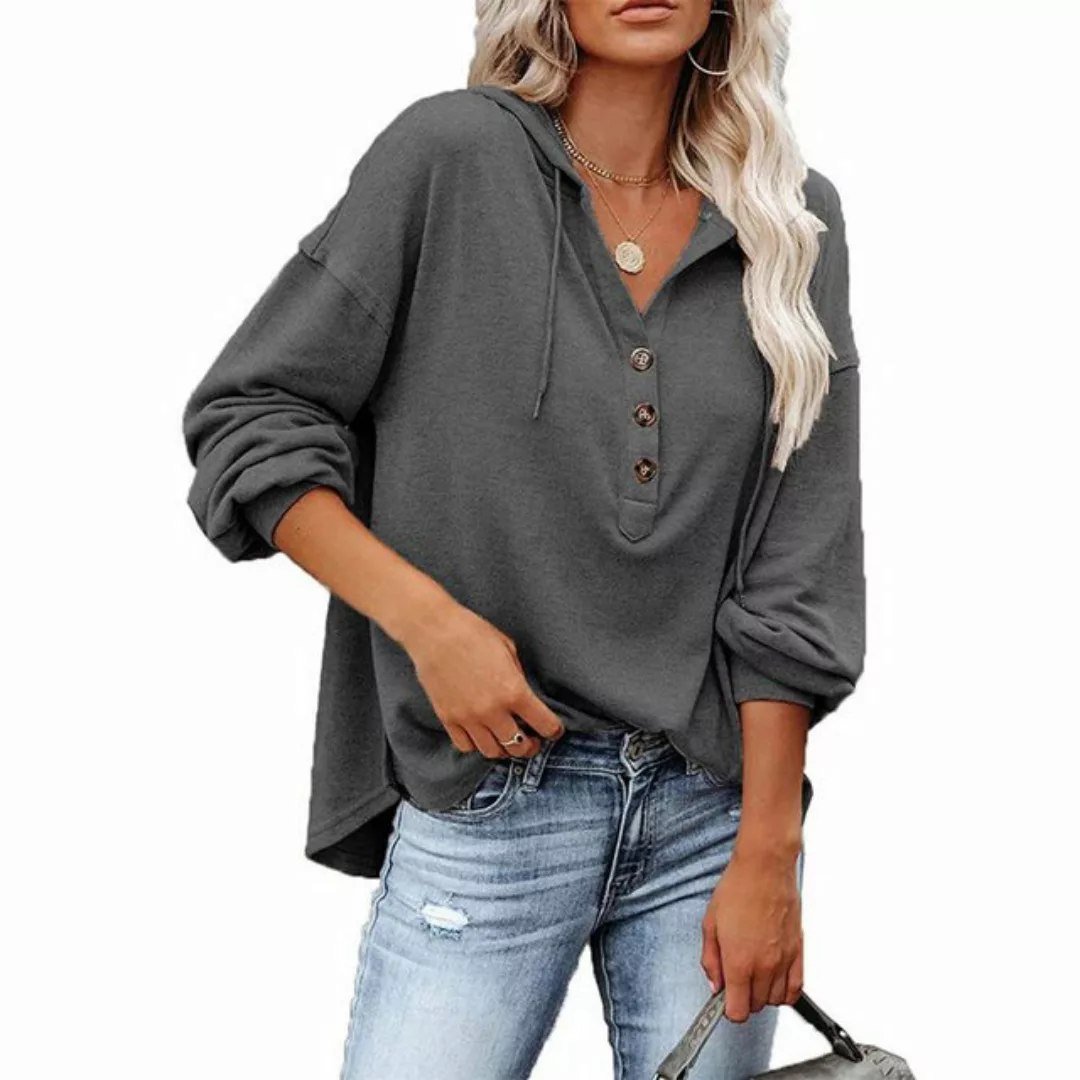 KIKI Klassische Bluse Kapuzenpullover Damen Knopfleiste Leichter Pullover f günstig online kaufen