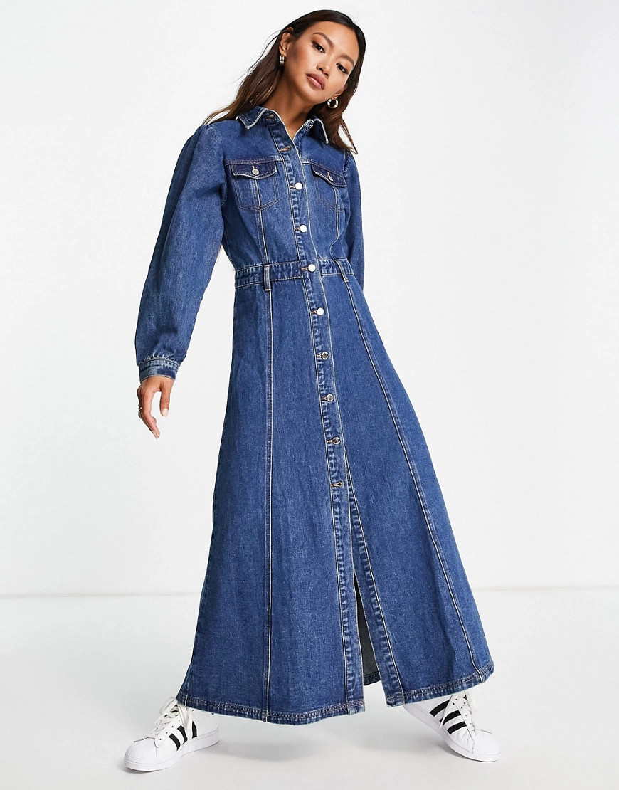 Lost Ink – Maxi-Truckerkleid aus Denim in verwaschenem Indigoblau günstig online kaufen