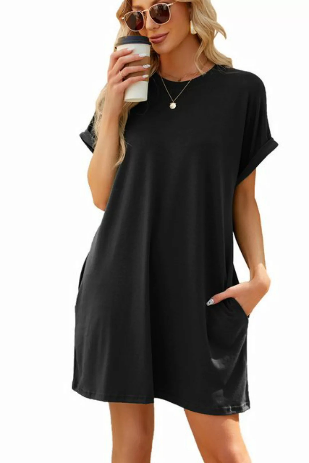 ENIX Sommerkleid Damen Freizeit Minikleid einfarbig Strandkleid Rundhals Bl günstig online kaufen