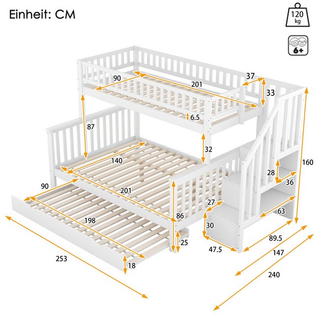 Flieks Etagenbett, Kiefer Dreierbett Unterbett mit Treppe 90x200/140x200/90 günstig online kaufen