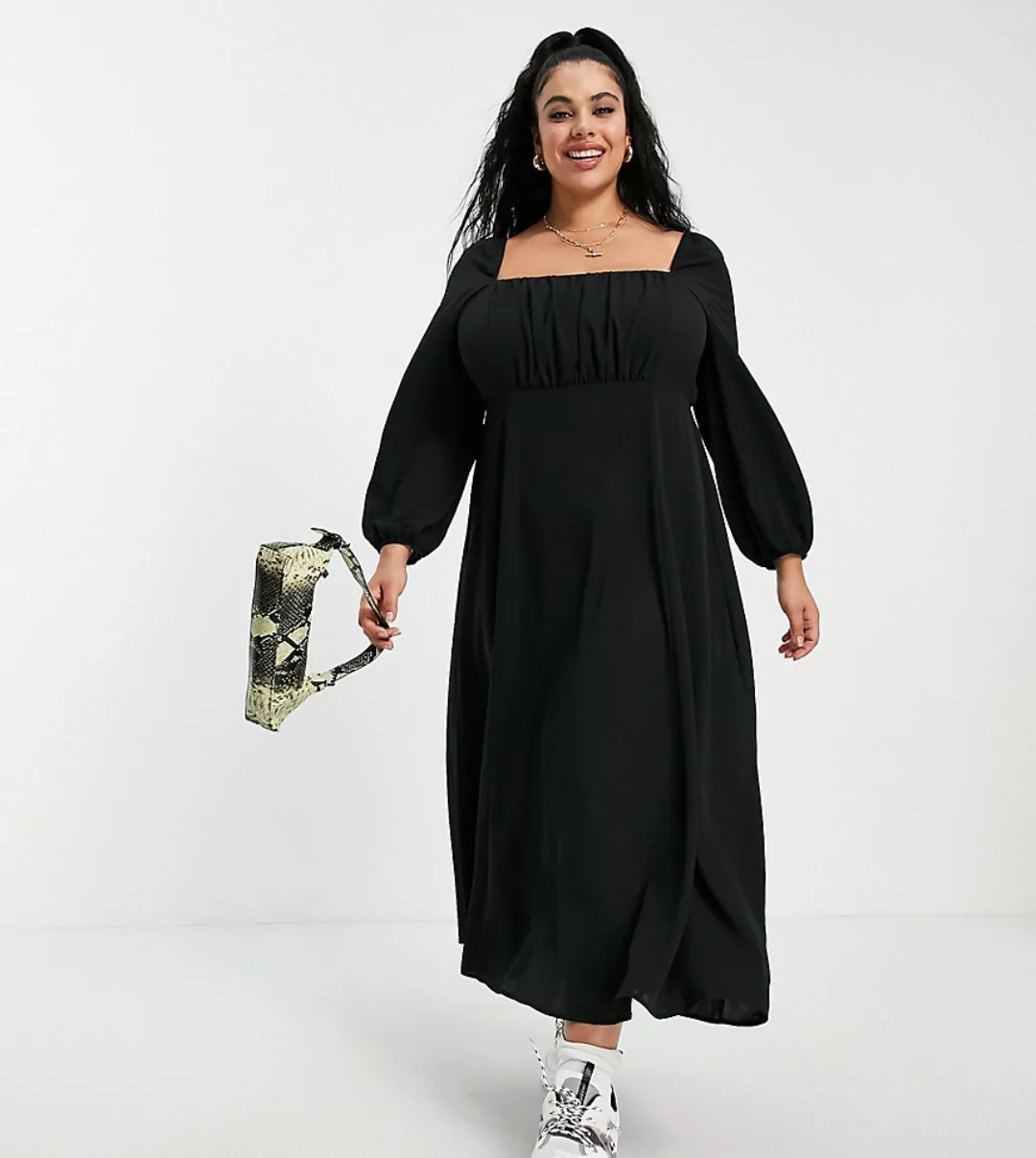 ASOS DESIGN Curve – Midikleid mit eckigem, gerafftem Ausschnitt in Schwarz günstig online kaufen