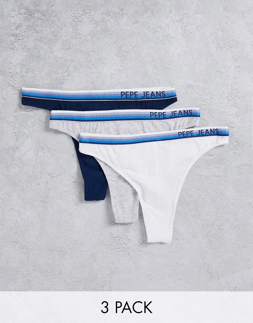 Pepe Jeans – Zola – 3er-Pack Tangas in Weiß, Grau und Marineblau günstig online kaufen