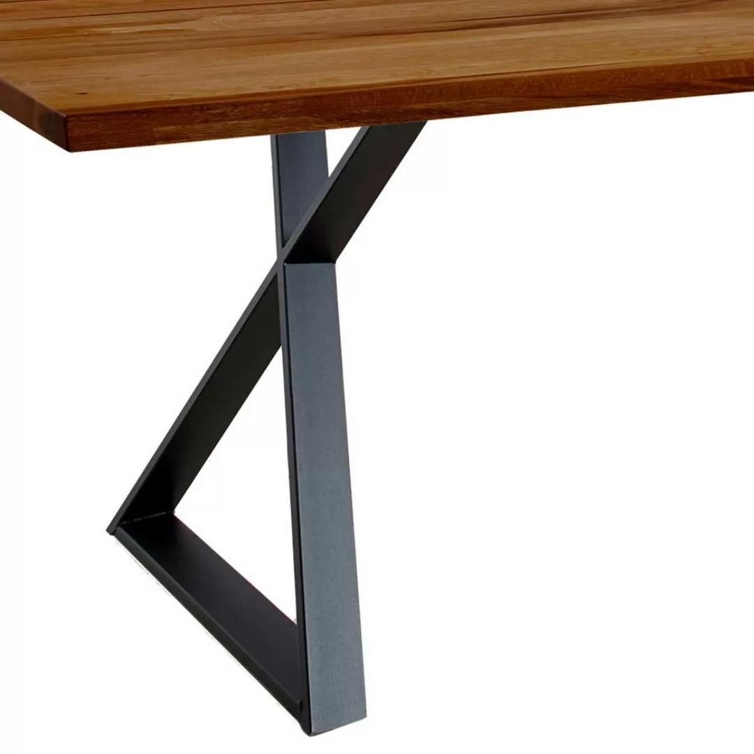 Esszimmertisch mit Baumkante aus Zerreiche Massivholz Bügelgestell günstig online kaufen