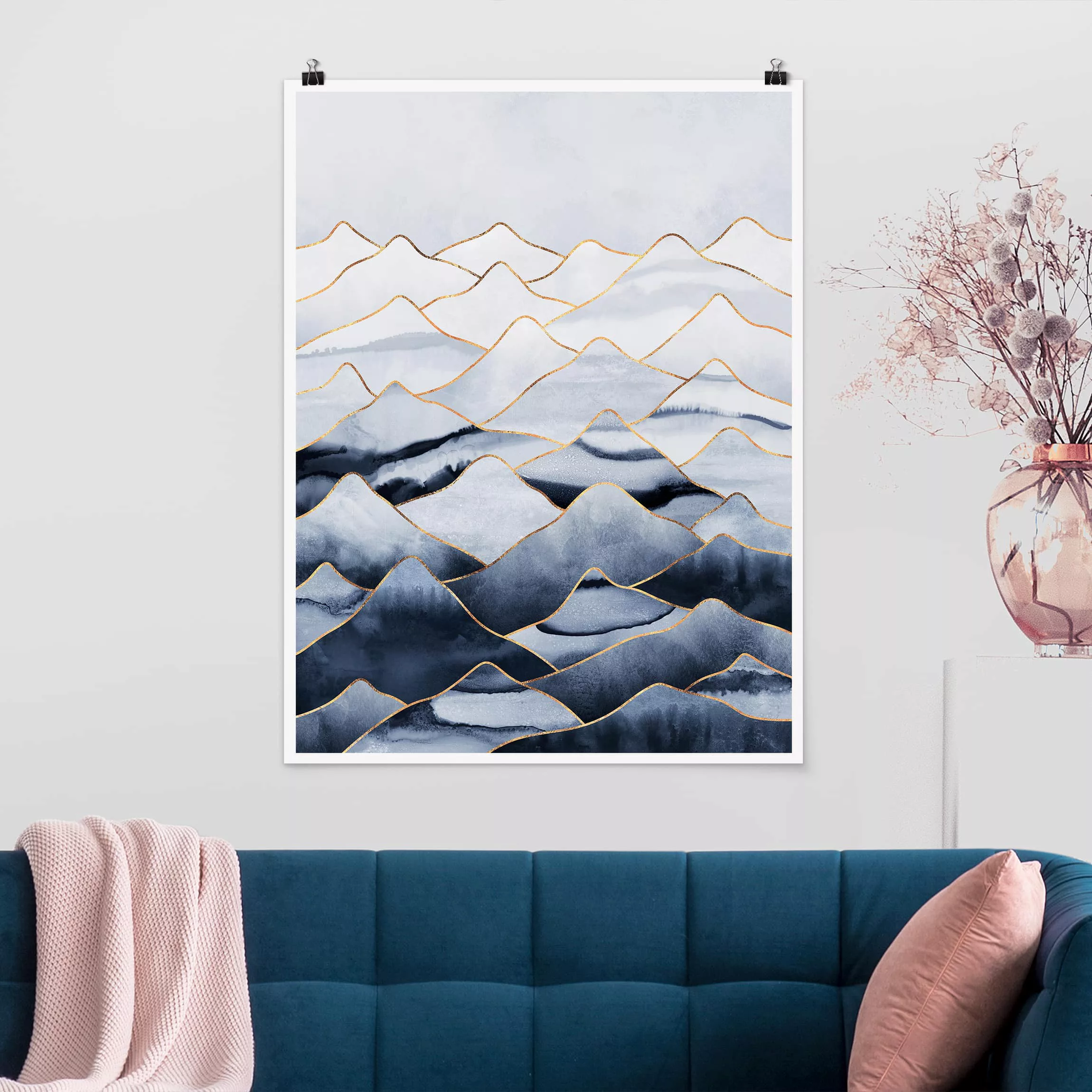 Poster Kunstdruck - Hochformat Aquarell Berge Weiß Gold günstig online kaufen