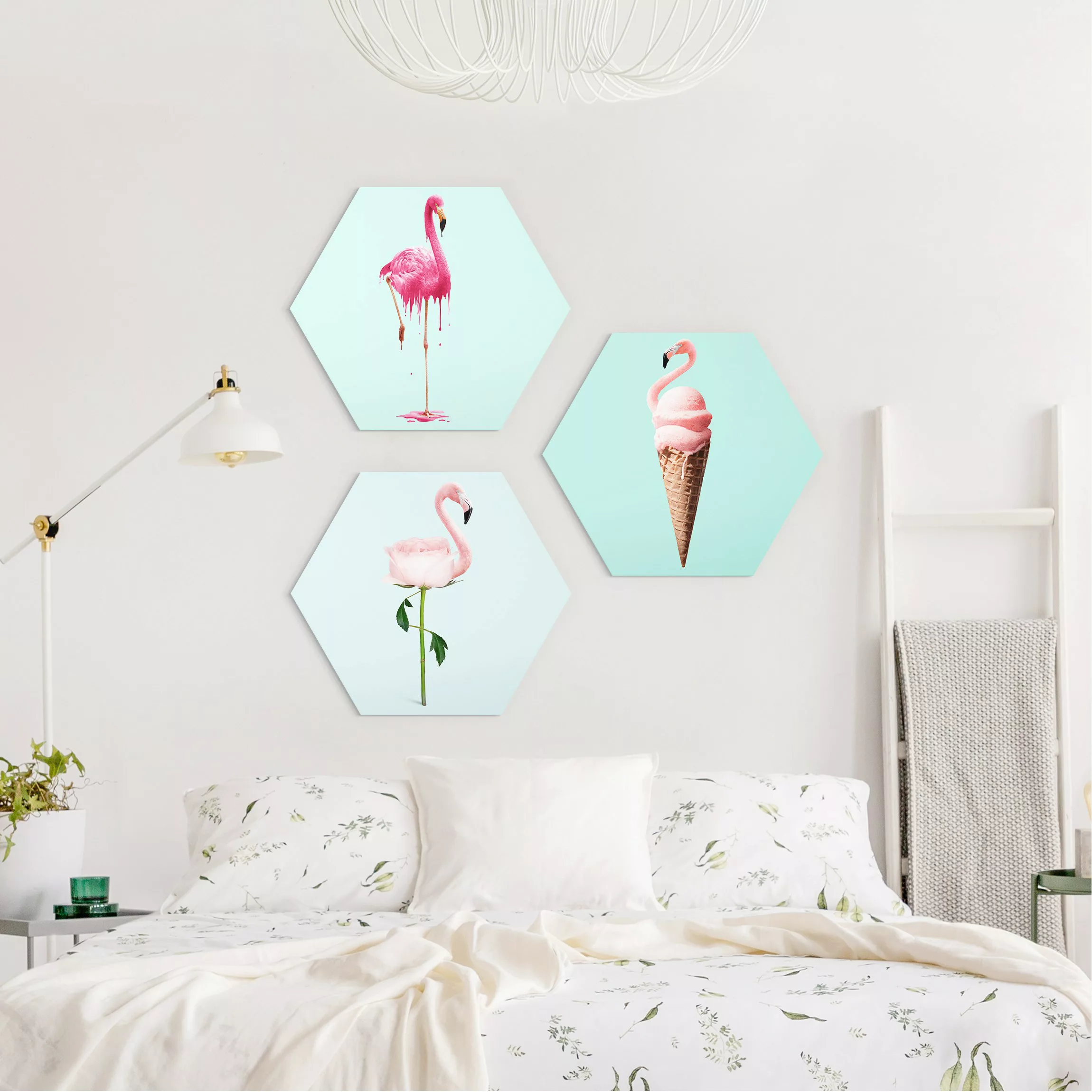3-teiliges Hexagon-Alu-Dibond Bild Flamingo Set günstig online kaufen
