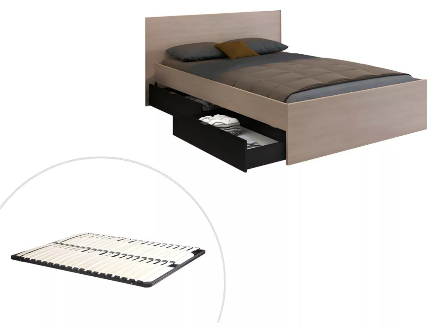 Bett mit 2 Schubladen + Lattenrost - 140 x 200 cm - Naturfarben & Schwarz - günstig online kaufen