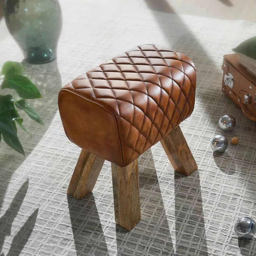 Polsterhocker in Cognac Braun Echtleder rustikalen Design günstig online kaufen