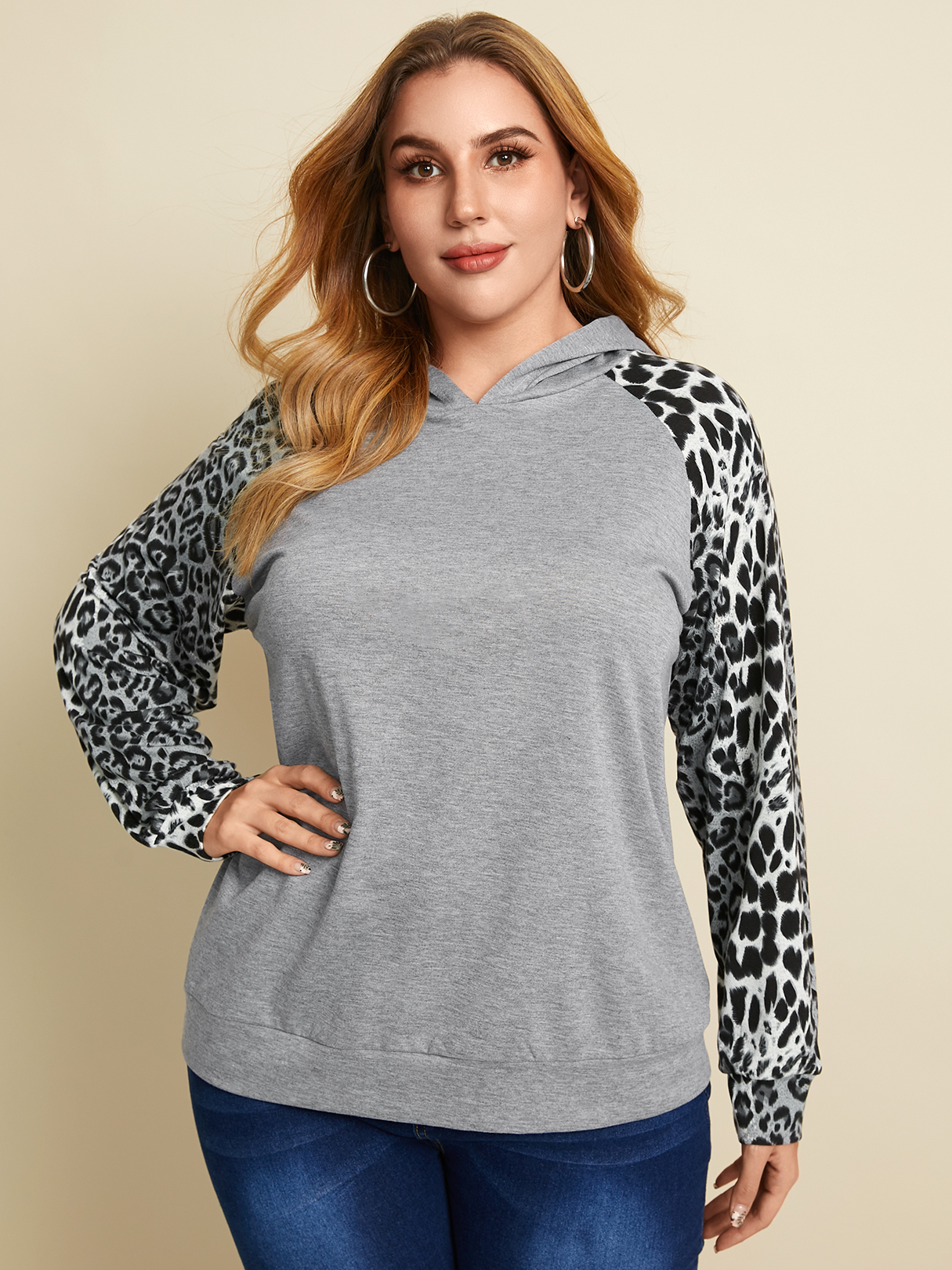 YOINS Plus Größe Patchwork Leopard Kapuzen Design Langarm Sweatshirt günstig online kaufen