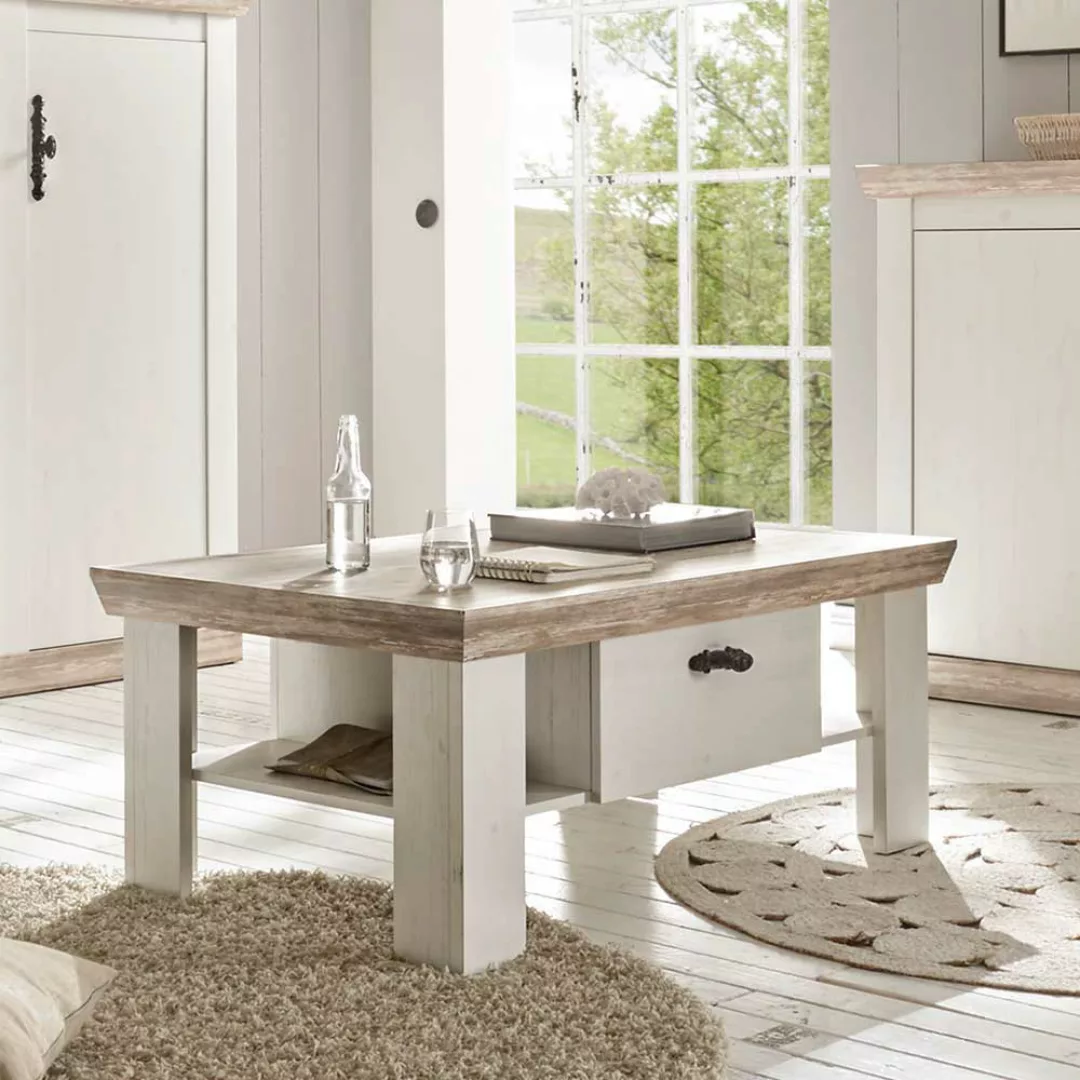 Wohnzimmer Couchtisch im skandinavischen Landhausstil Weiß Pinie günstig online kaufen