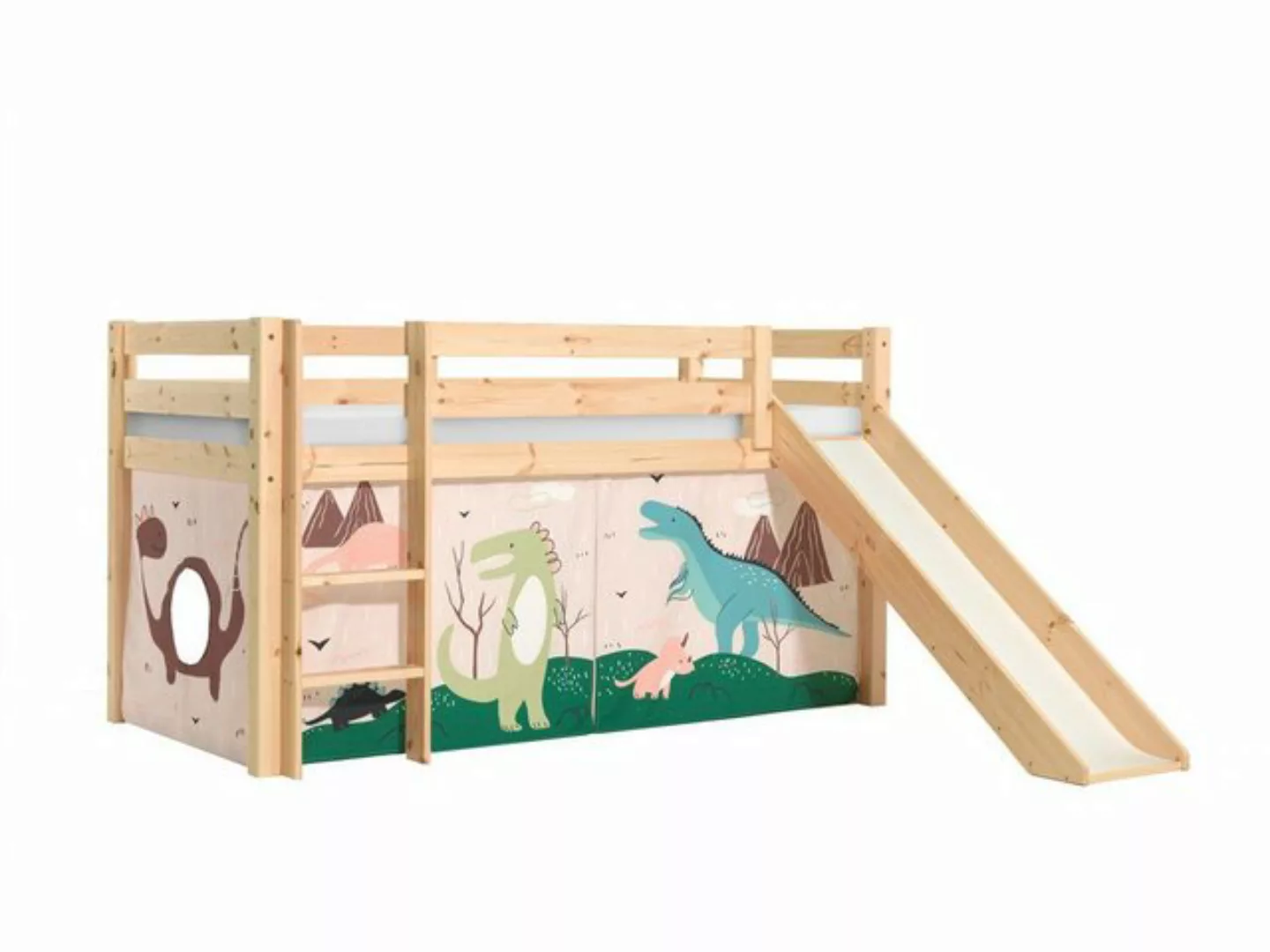 Natur24 Kinderbett Halbhohes Bett Pino mit Rutsche und Textilset Dino Kiefe günstig online kaufen