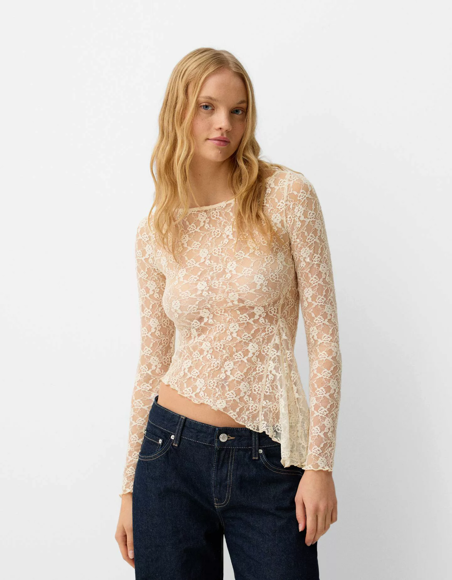 Bershka Langarmshirt Mit Spitzenkante Damen Xs Rohweiß günstig online kaufen