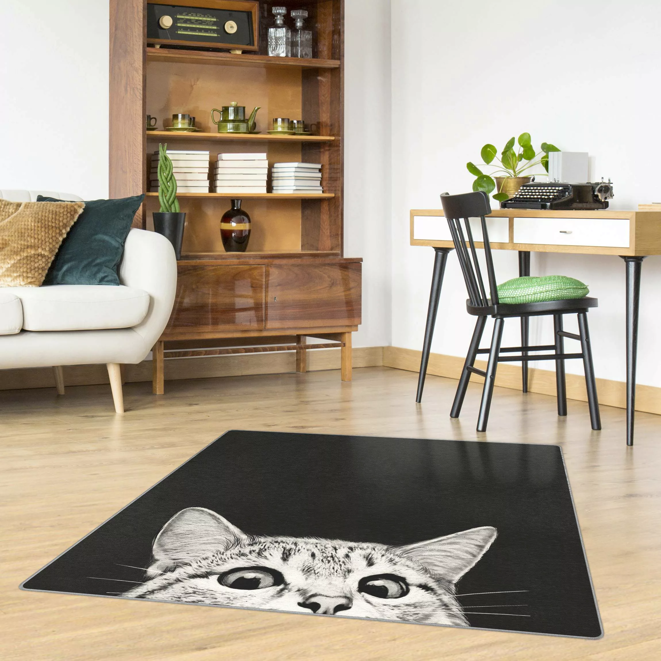 Teppich Illustration Katze Schwarz Weiß Zeichnung günstig online kaufen