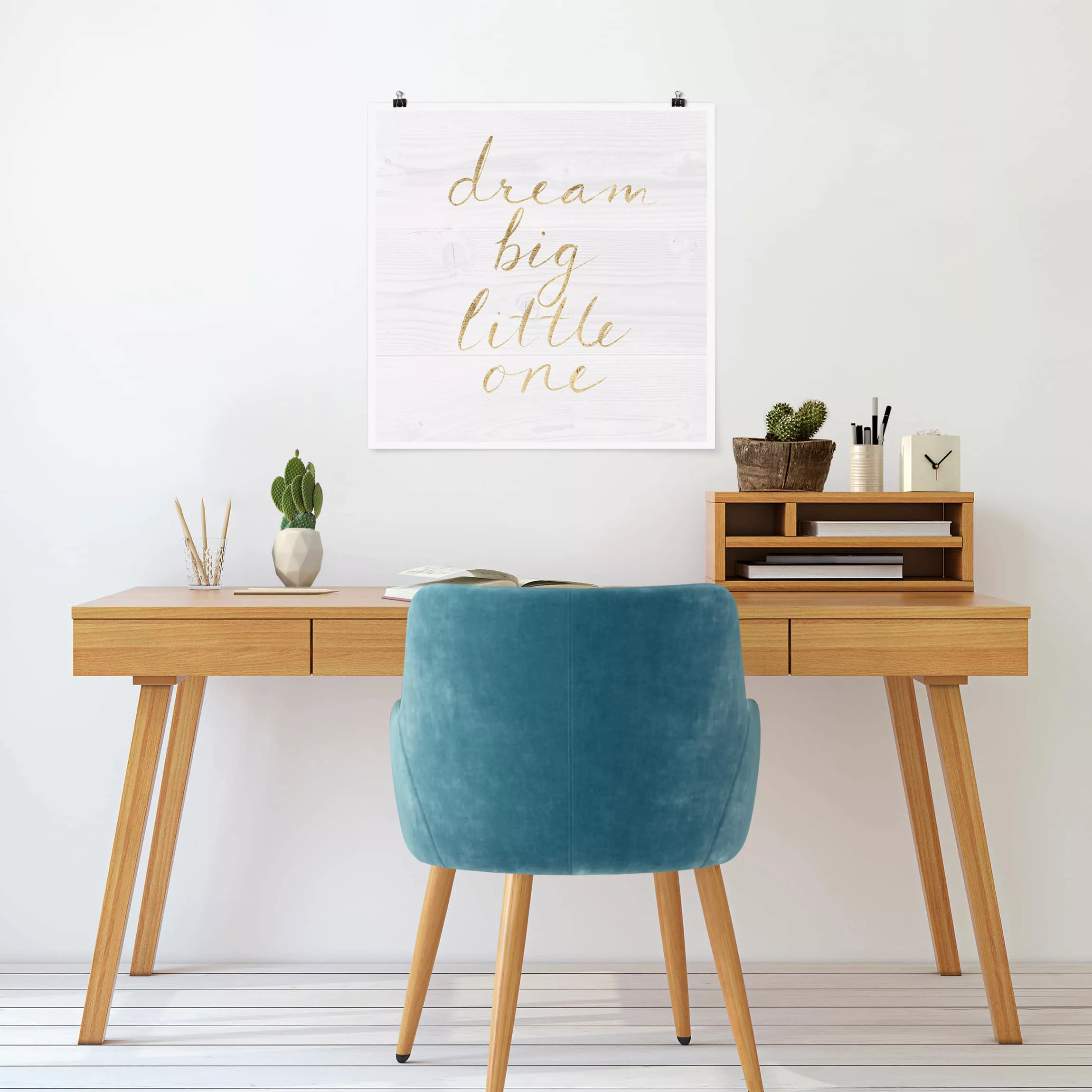 Poster Kinderzimmer - Quadrat Holzwand weiß - Dream big günstig online kaufen