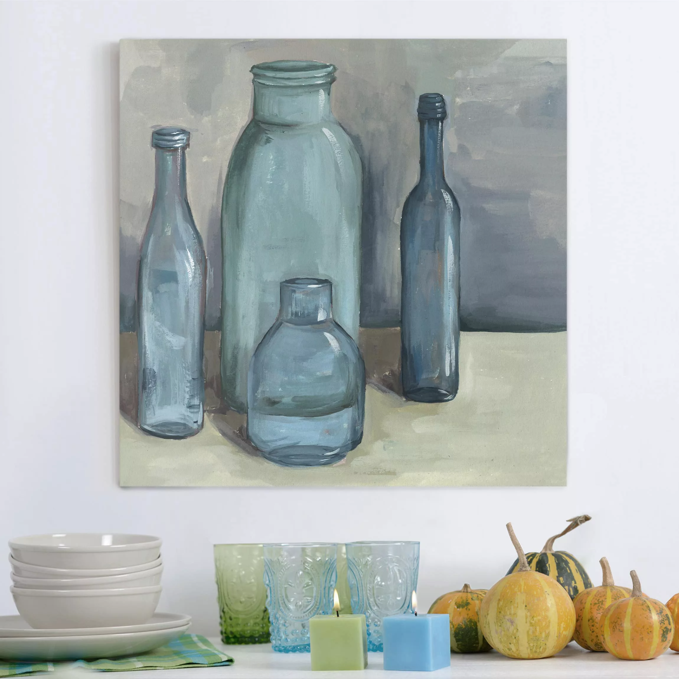 Leinwandbild Kunstdruck - Quadrat Stillleben mit Glasflaschen II günstig online kaufen