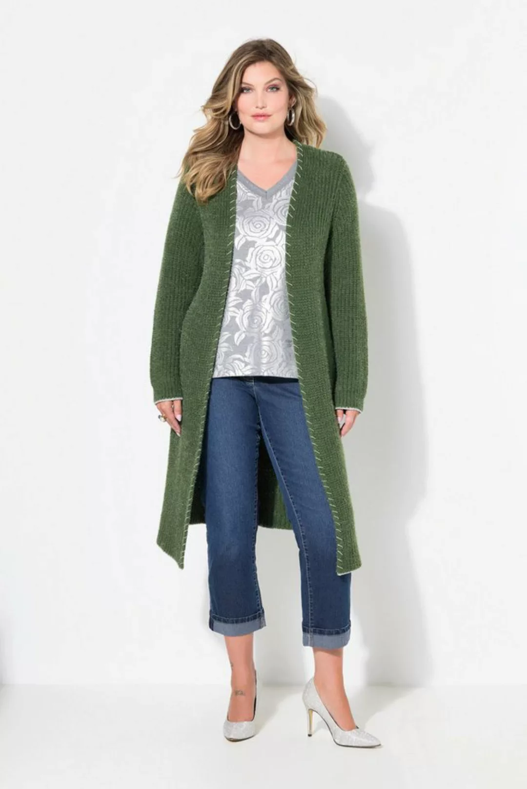 MIAMODA Strickjacke Strickjacke extra lang Ausschnitt mit Zierstich günstig online kaufen