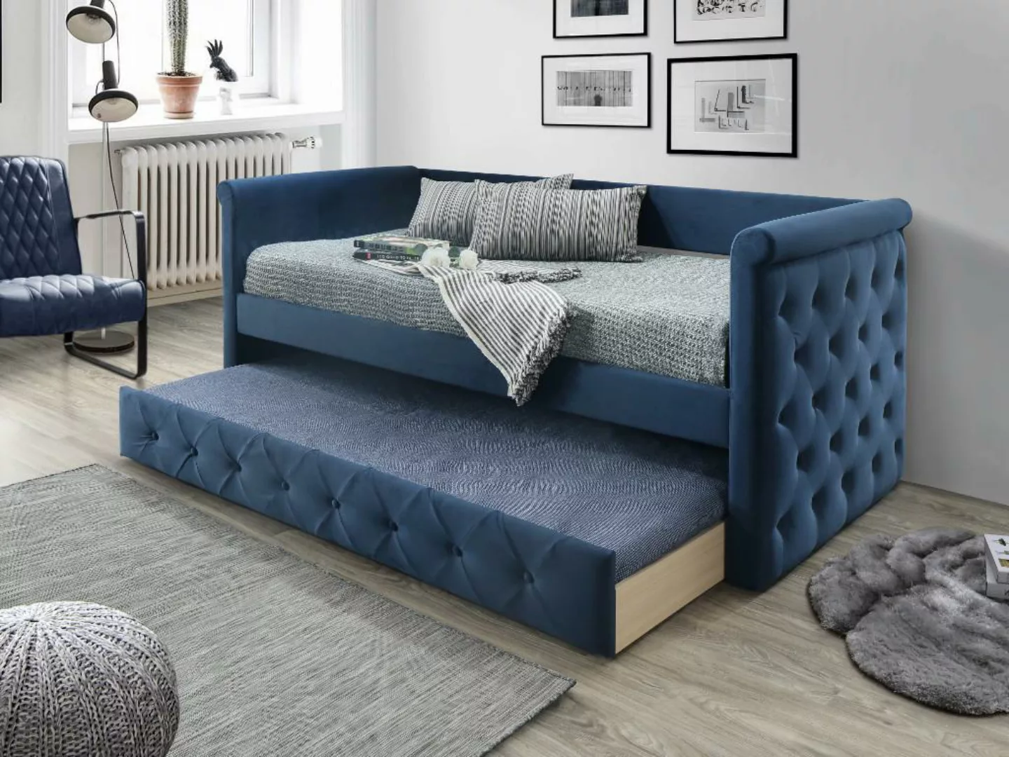 Ausziehbett Stoffsofa + Lattenrost + Matratze - 2 x 90 x 190 cm - Blau - LO günstig online kaufen