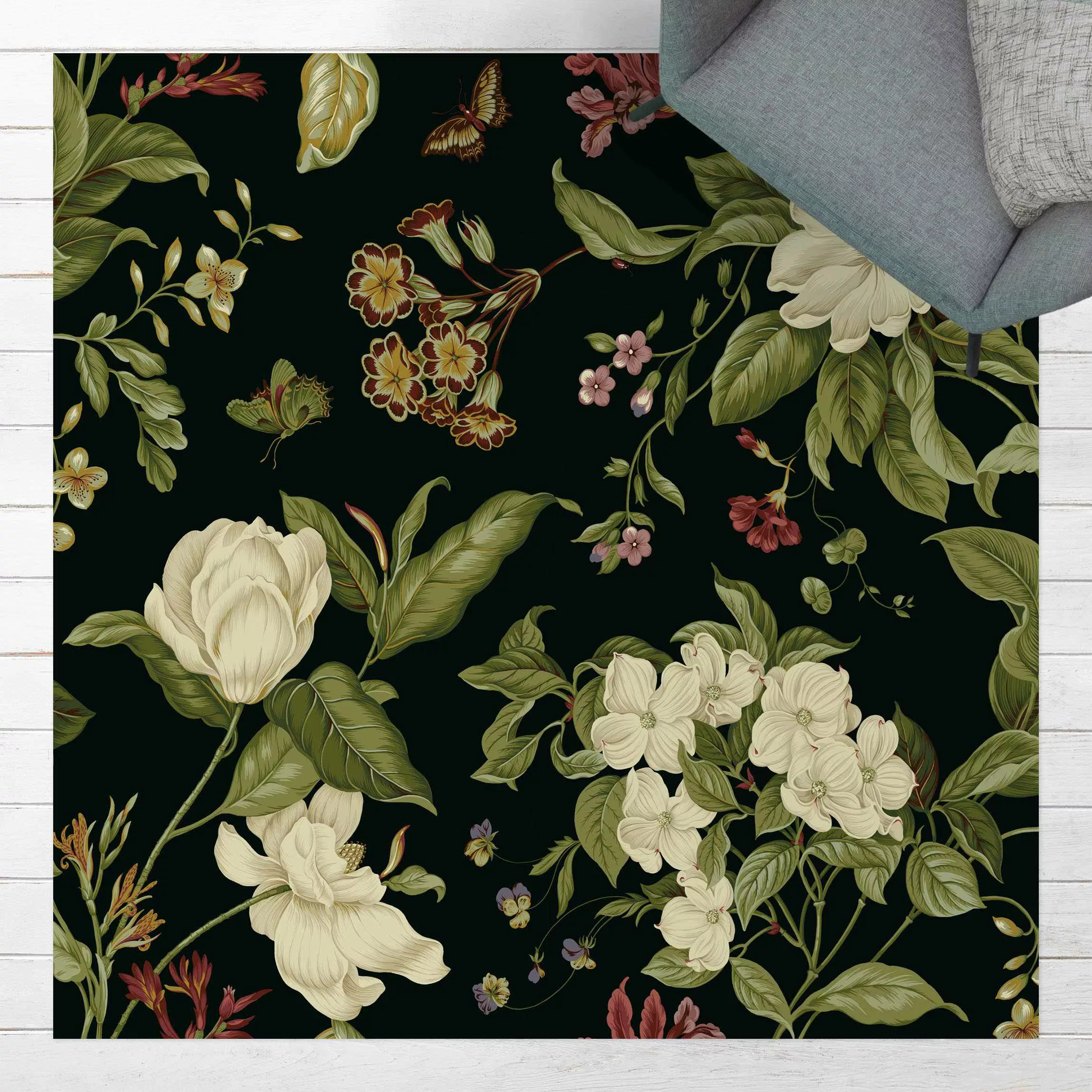 Vinyl-Teppich Gartenblumen auf Schwarz I günstig online kaufen