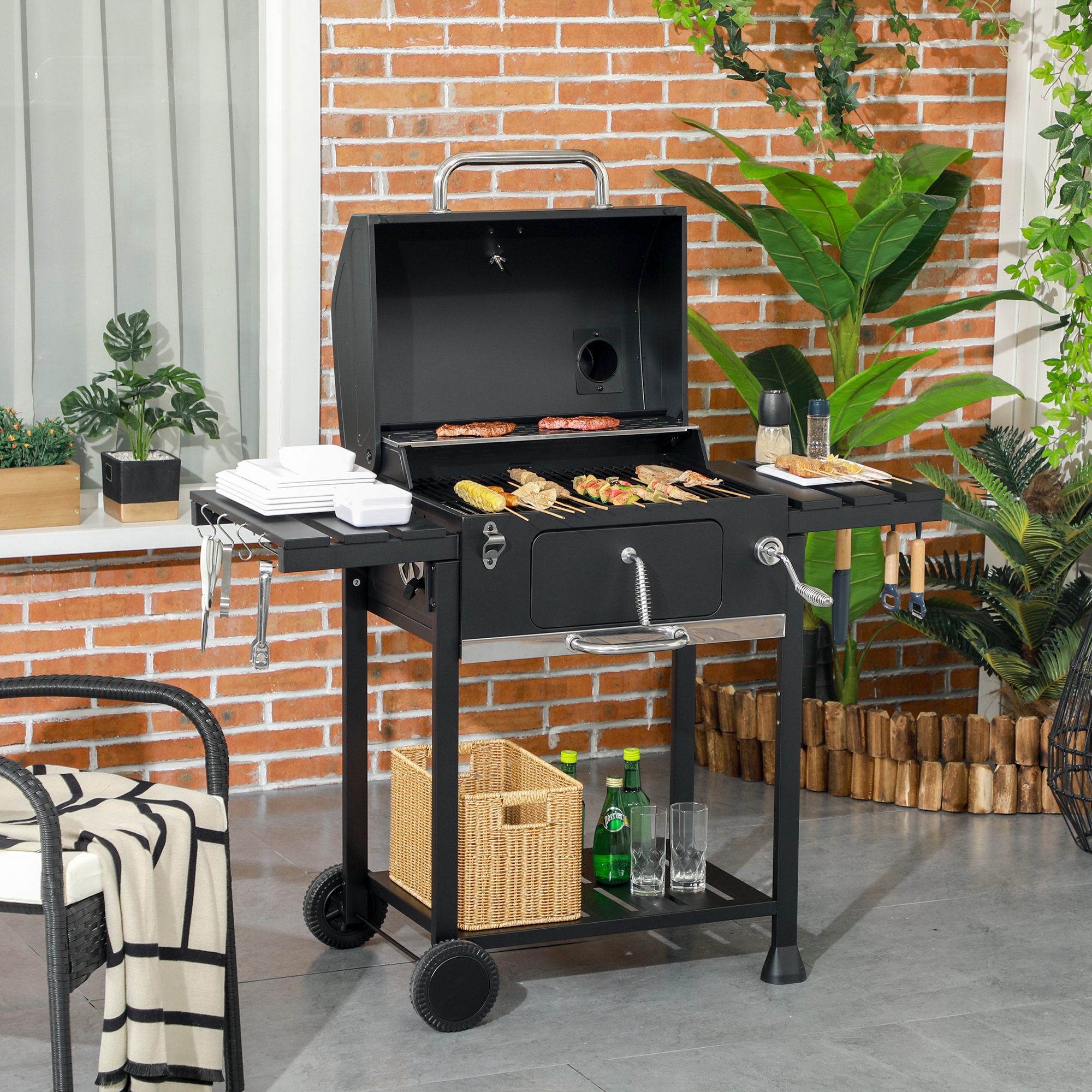 Outsunny Holzkohlegrill Campinggrill mit zwei Grillrosten, klappbaren Seite günstig online kaufen