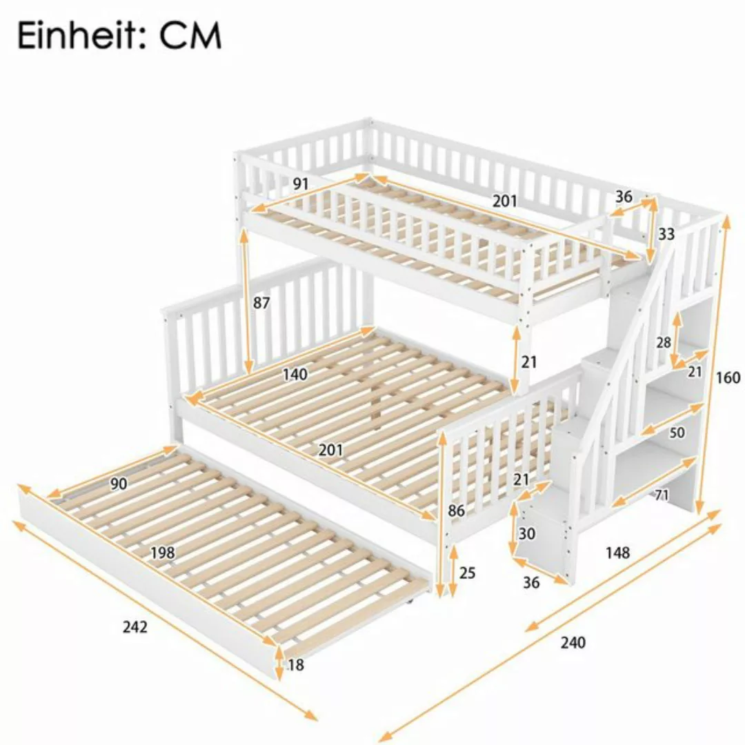 Odikalo Kinderbett Etagenbett mit Rollbett und Treppe, weiß, 90x200cm + 140 günstig online kaufen