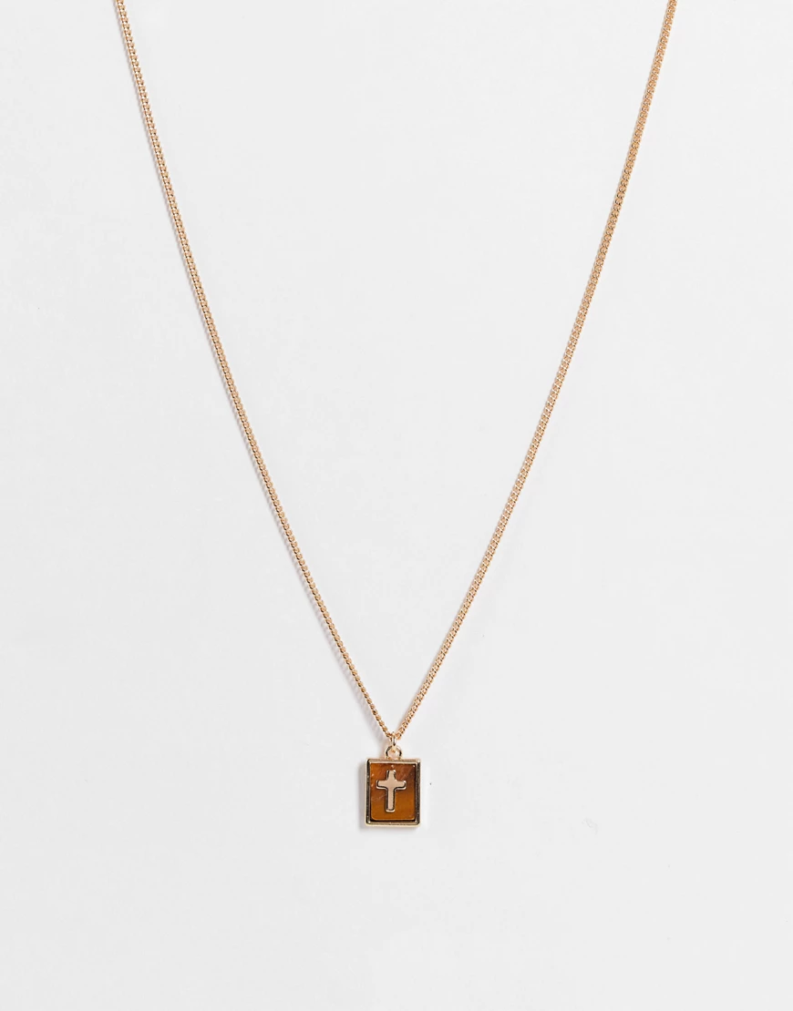 ASOS DESIGN – Schmale Halskette mit Tigeraugen-Stein und Kreuzanhänger in G günstig online kaufen