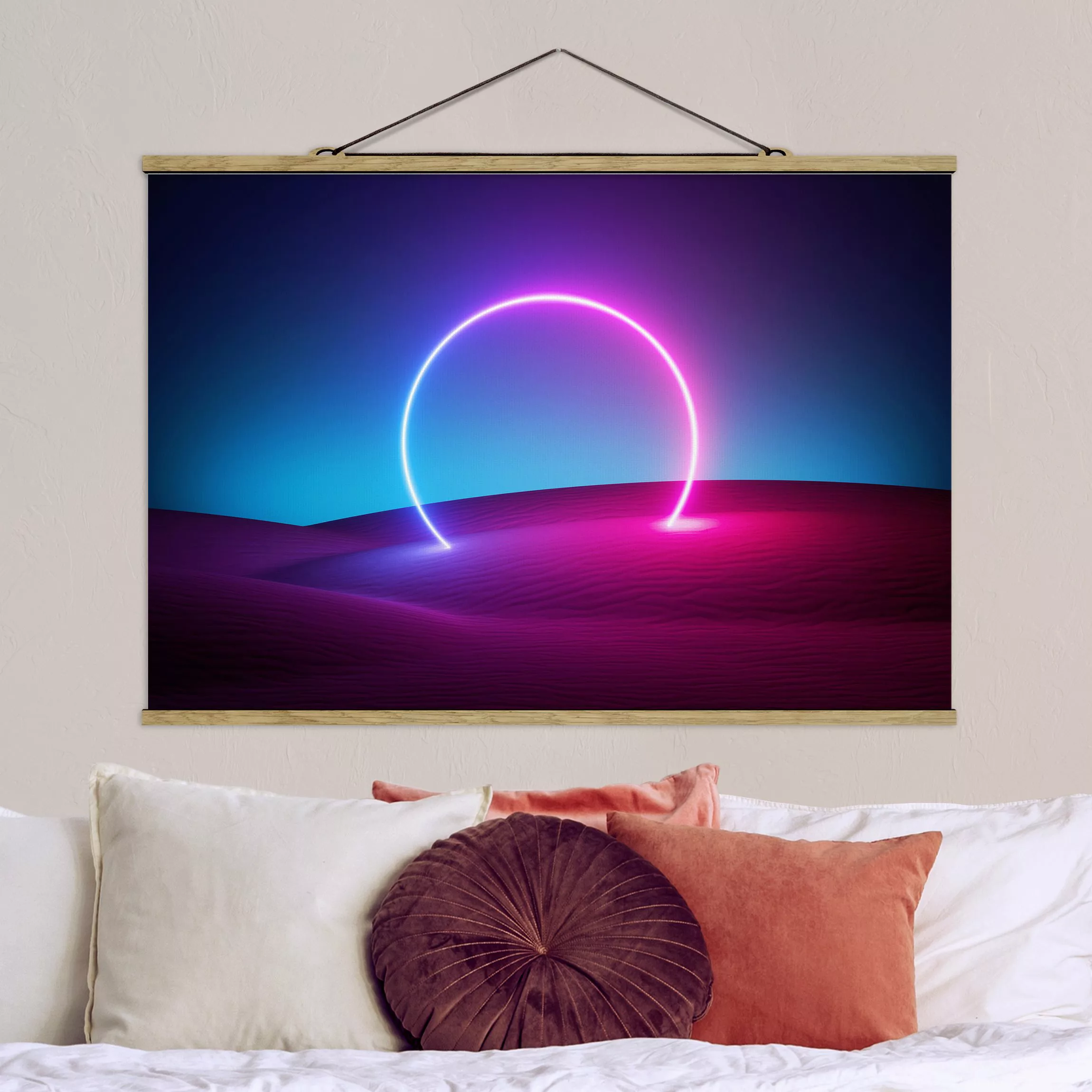 Stoffbild mit Posterleisten Neonlichtkreis im Sand günstig online kaufen