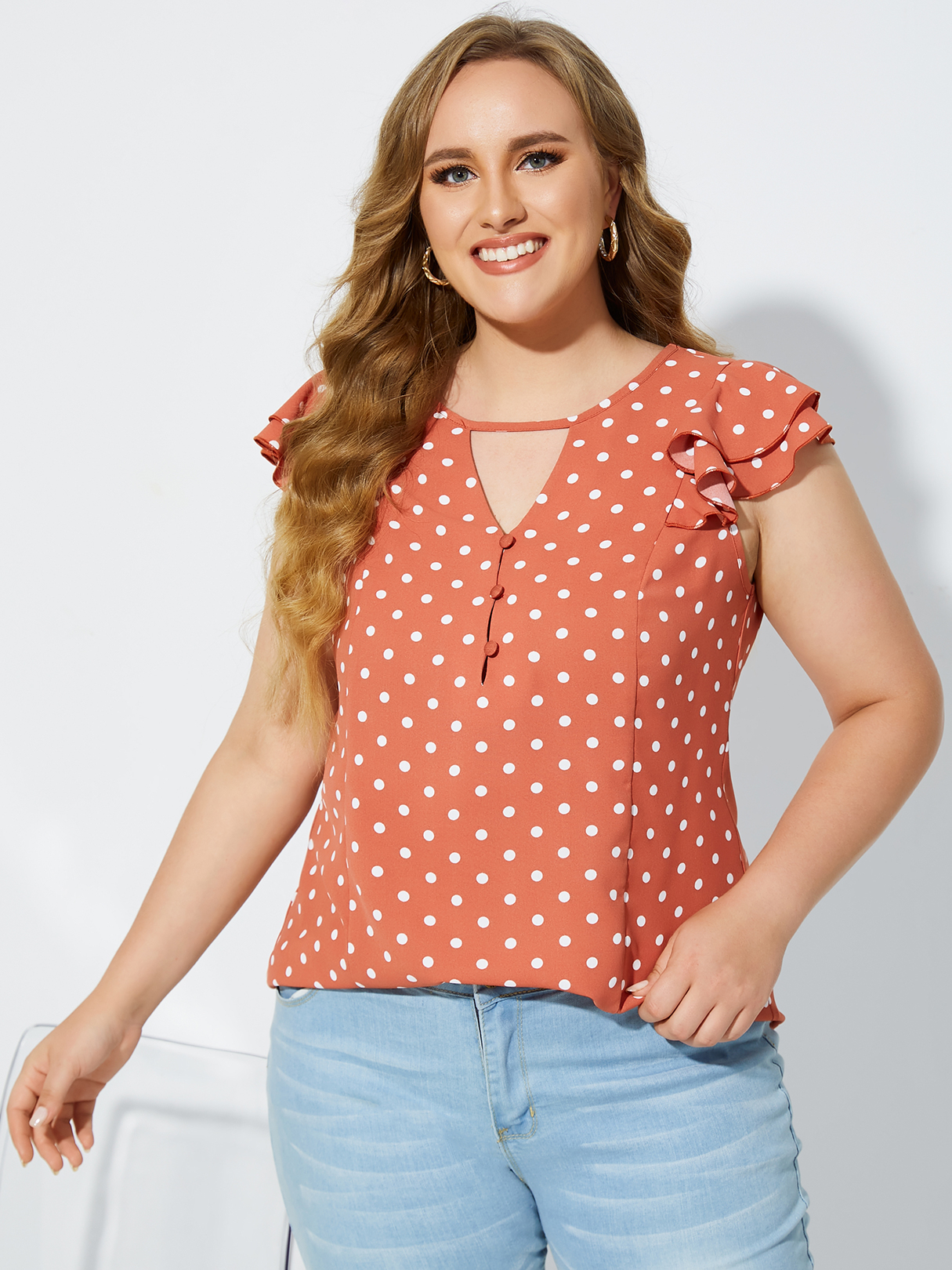 YOINS Plus Größe Rundhalsausschnitt Polka Dot Front Knopf Cut Out Kurze Ärm günstig online kaufen