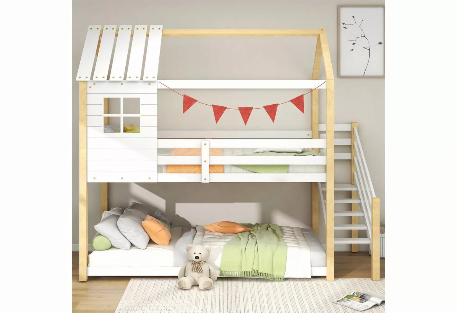 autolock Kinderbett Etagenbett,Bett mit Ecktreppe,Hausbett(200x90cm) Kinder günstig online kaufen