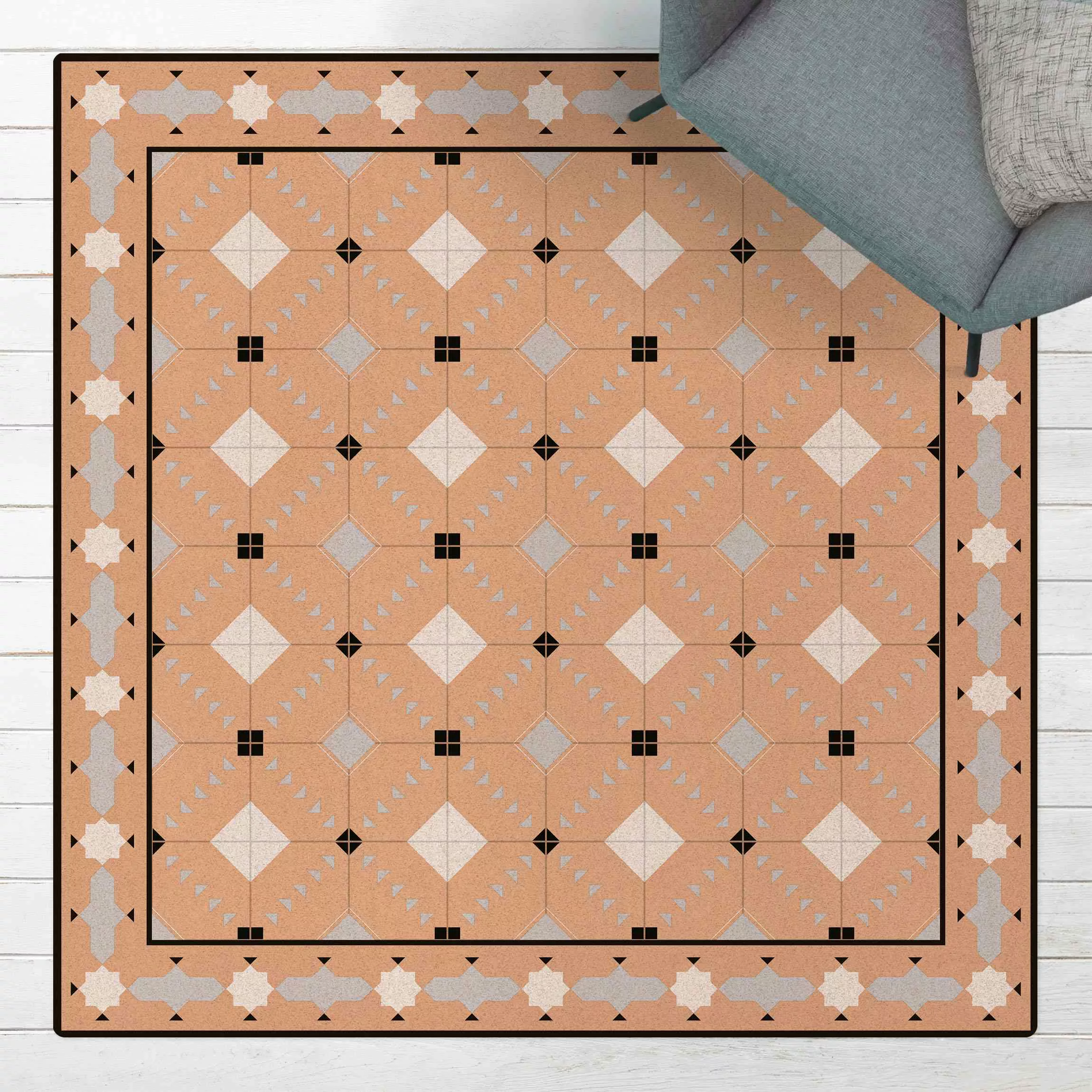 Kork-Teppich Geometrische Fliesen Ikat Sand mit Bordüre günstig online kaufen