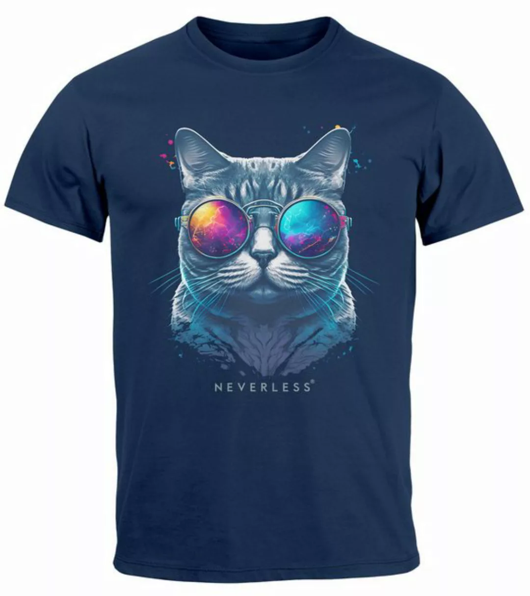 Neverless Print-Shirt Herren T-Shirt Aufdruck Katze Cat Sommer Sonnenbrille günstig online kaufen