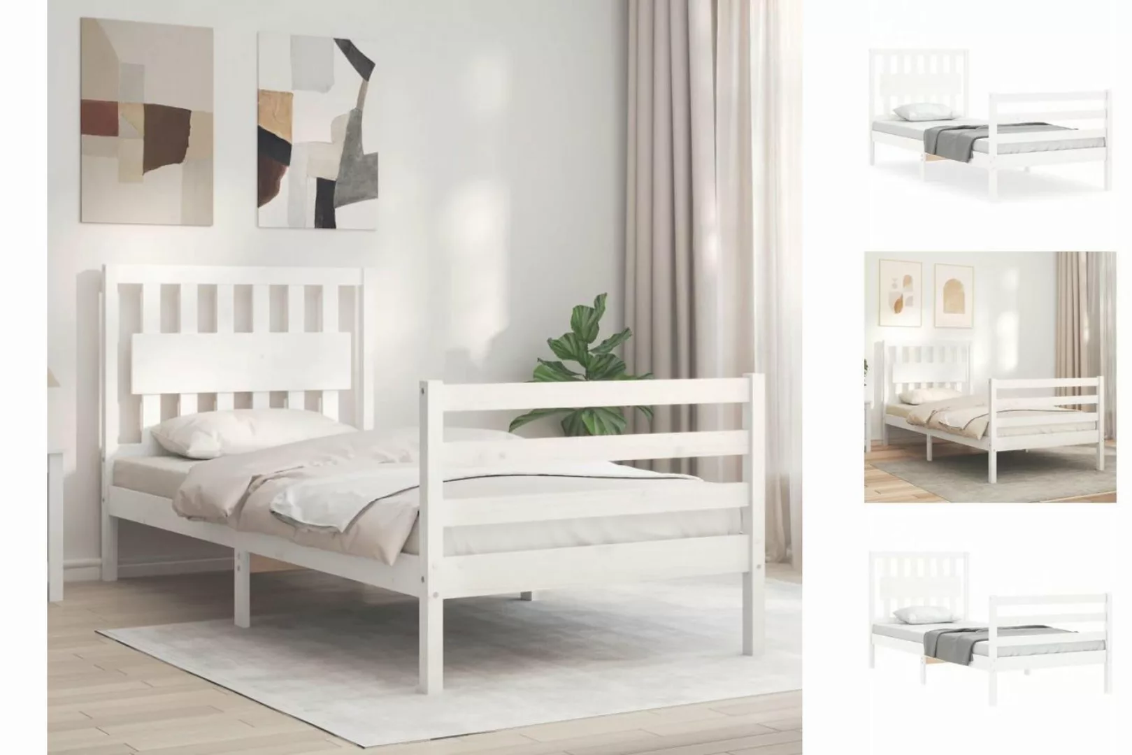 vidaXL Bettgestell Massivholzbett mit Kopfteil Weiß 90x200 cm Bett Bettgest günstig online kaufen