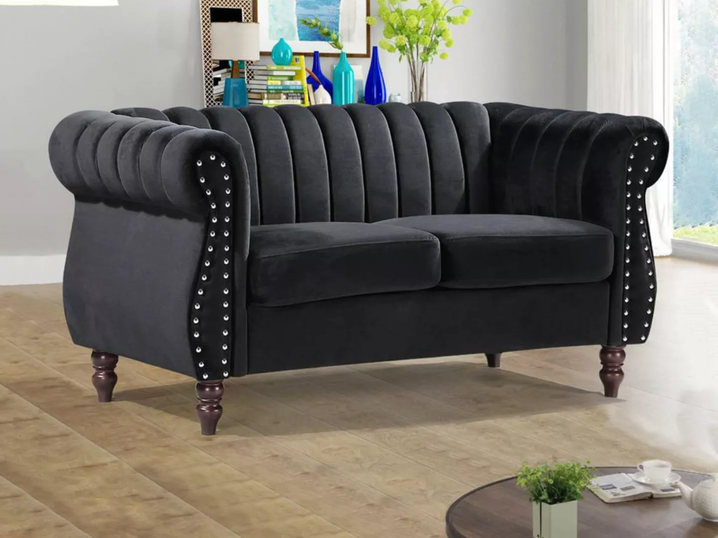 Chesterfield-Sofa - 2-Sitzer - Samt - Schwarz - TRUMBO günstig online kaufen