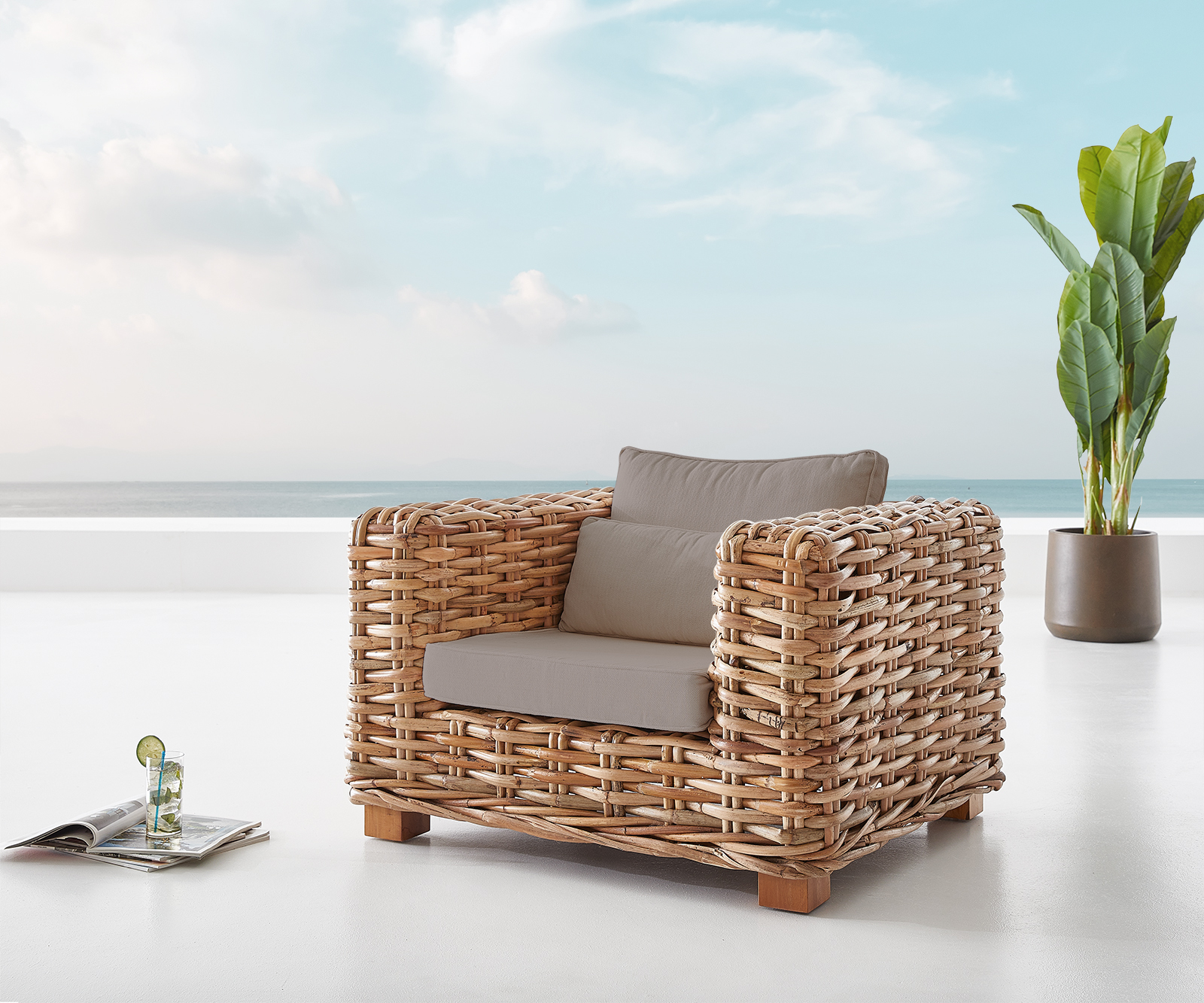 Loungesessel Nizza aus Rattan natur mit Kissen braun günstig online kaufen