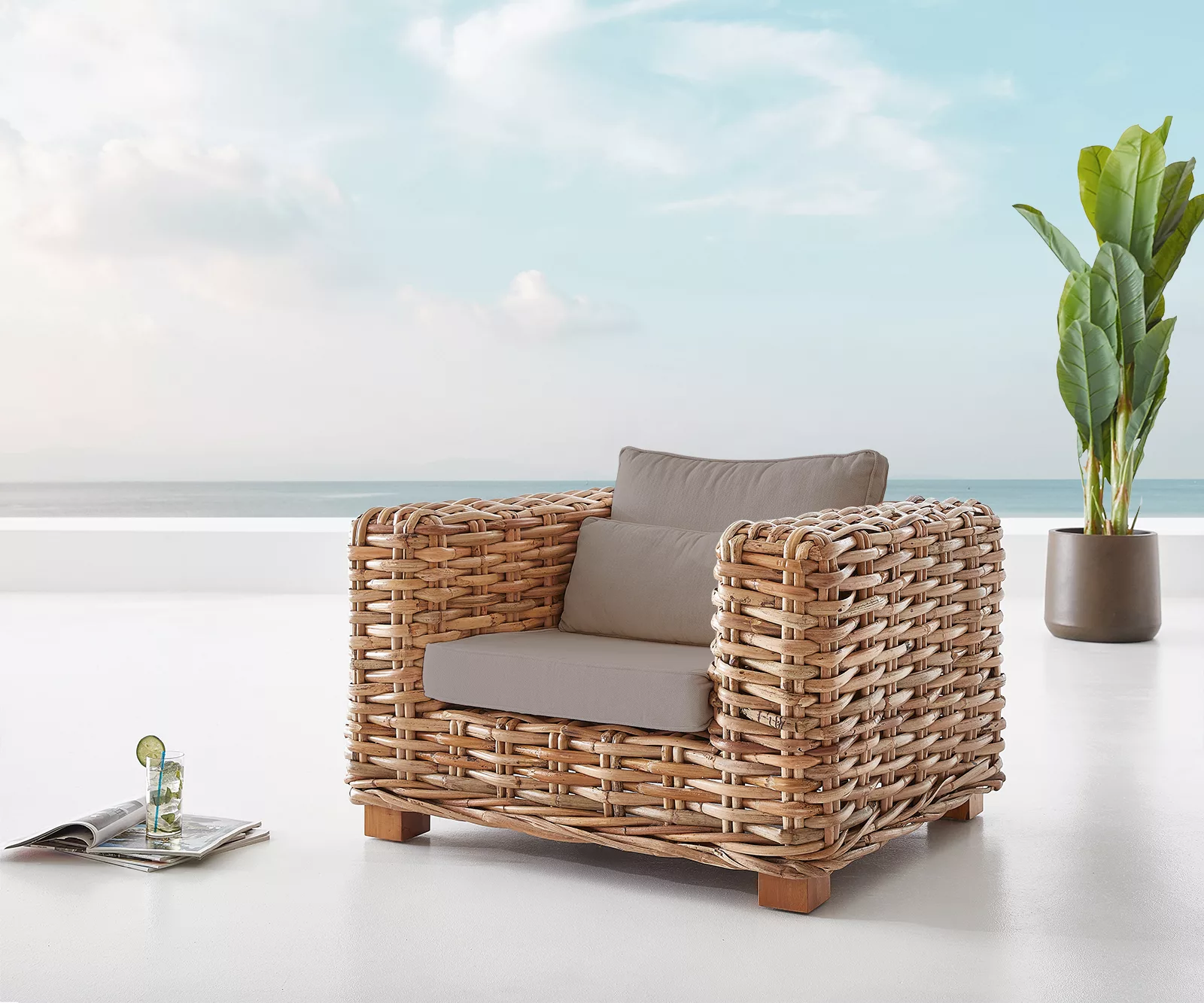 Loungesessel Nizza aus Rattan natur mit Kissen braun günstig online kaufen