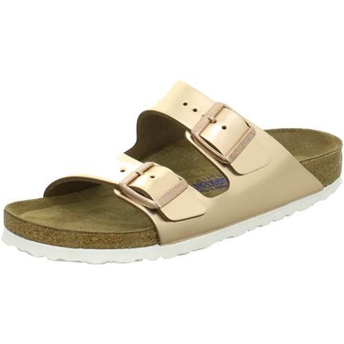 Birkenstock – Arizona – Flache Ledersandalen in Roségold-Goldfarben günstig online kaufen