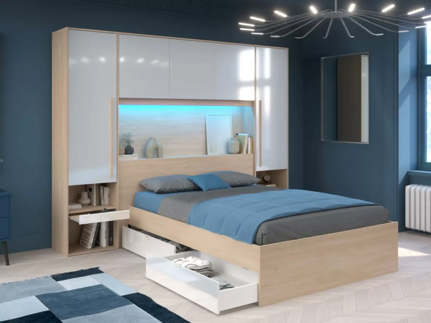 Bett mit Stauraum 140 x 190 cm mit LED-Beleuchtung + Lattenrost - Holzfarbe günstig online kaufen