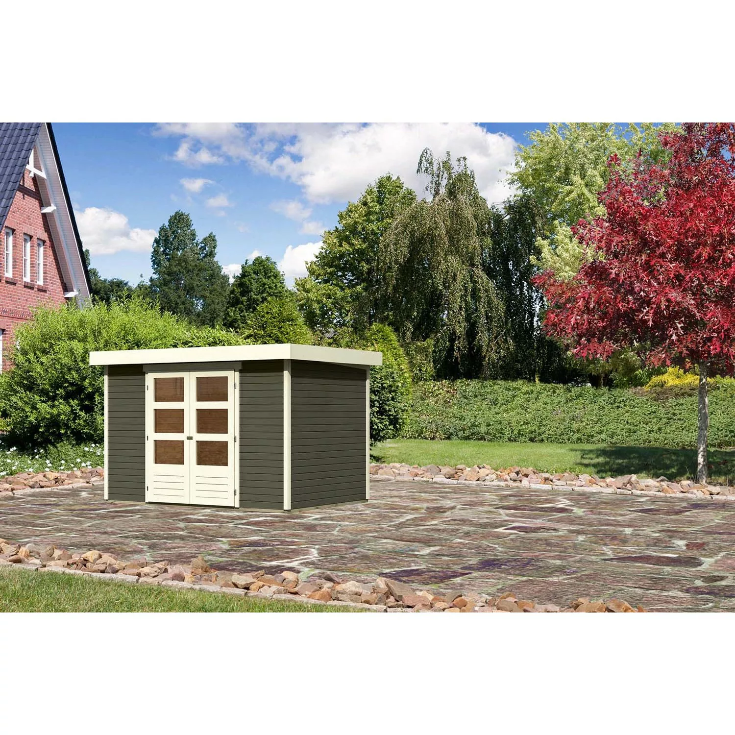 Karibu Holz-Gartenhaus Boras Terragrau Flachdach Lackiert 298 cm x 213 cm günstig online kaufen