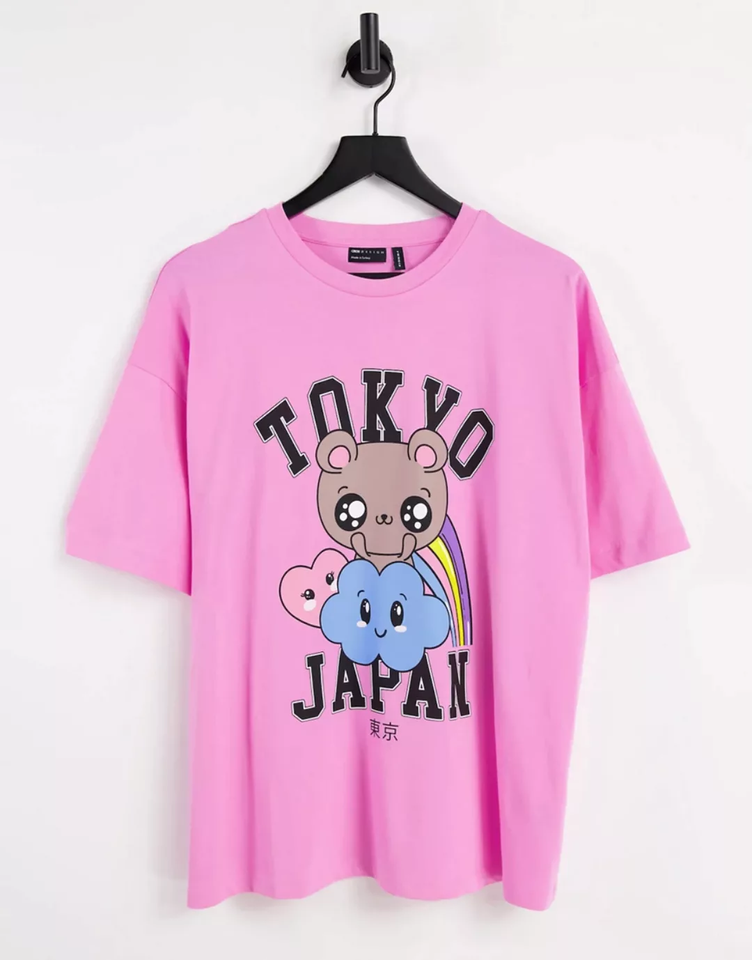 ASOS DESIGN – Oversize-T-Shirt in leuchtendem Rosa mit „Tokyo“- und Figuren günstig online kaufen