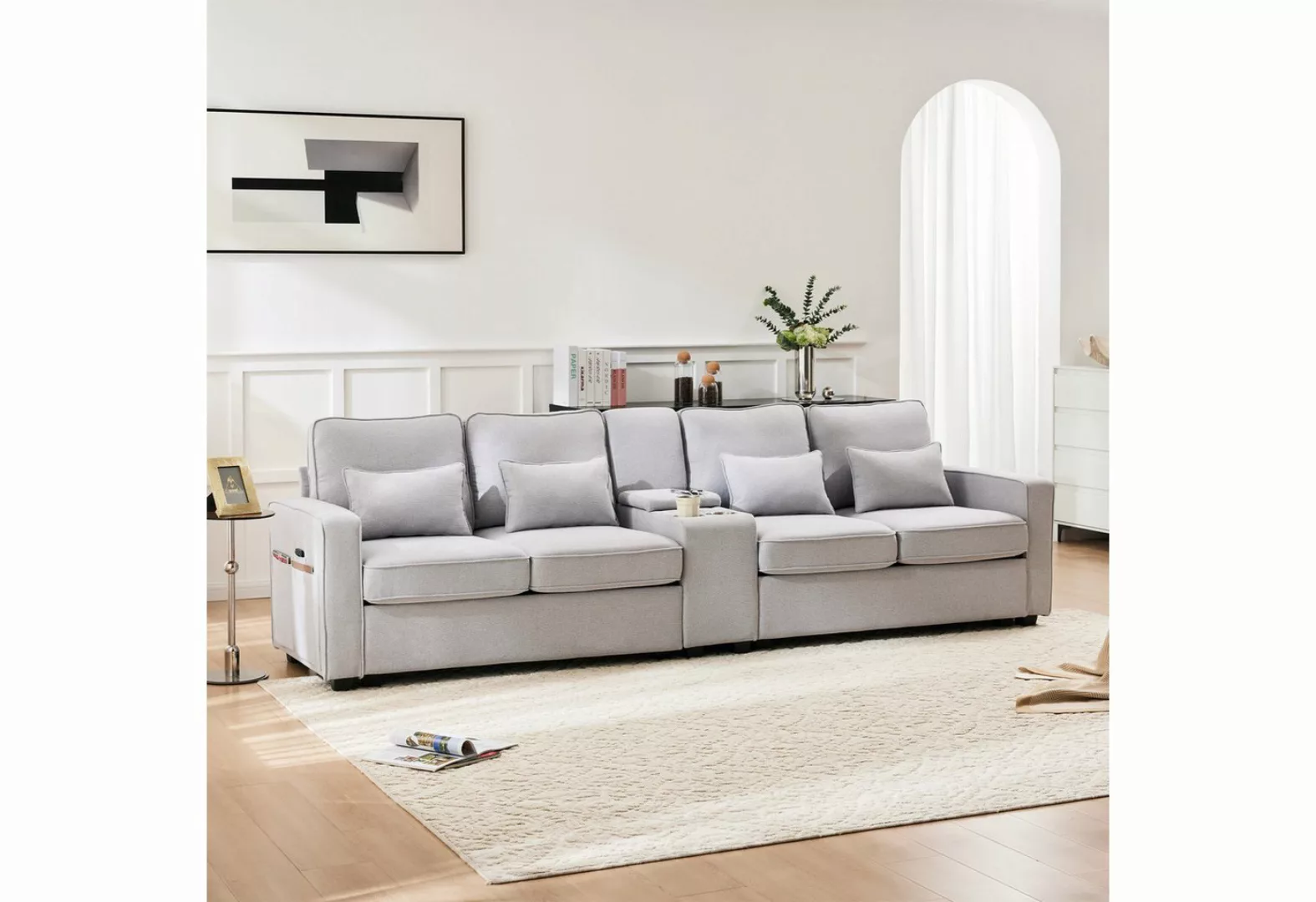 OKWISH Sofa 4-Sitzer-Schlafsofa aus Leinenstoff, mit Konsole, 2 Getränkehal günstig online kaufen