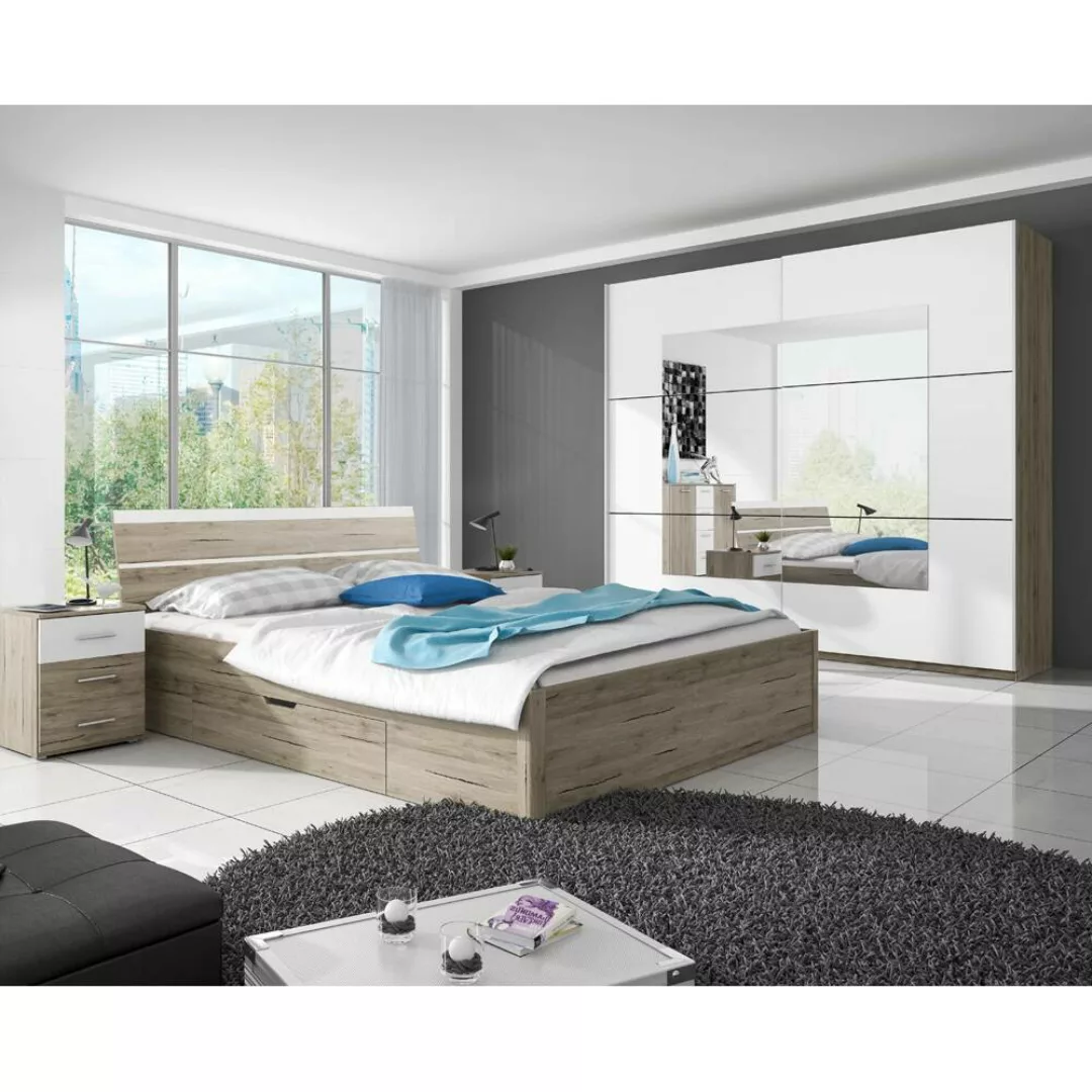 Schlafzimmer Möbel-Set mit Schwebetürenschrank in Sanremo Eiche Nb. mit wei günstig online kaufen