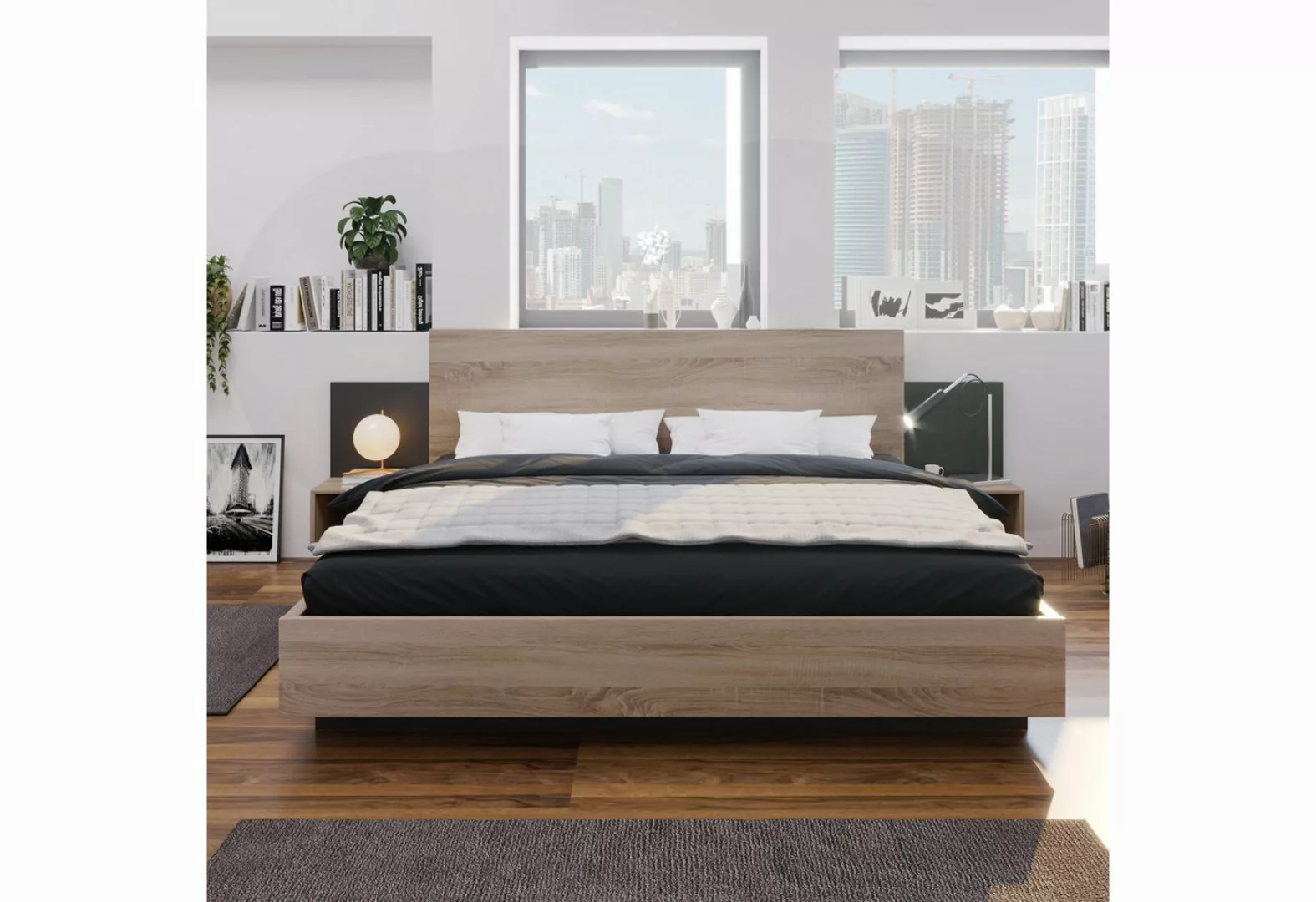 IDEASY Holzbett Doppelbett 160 x 200 cm mit 2 Nachttischen,Massivholz+E1 Sp günstig online kaufen