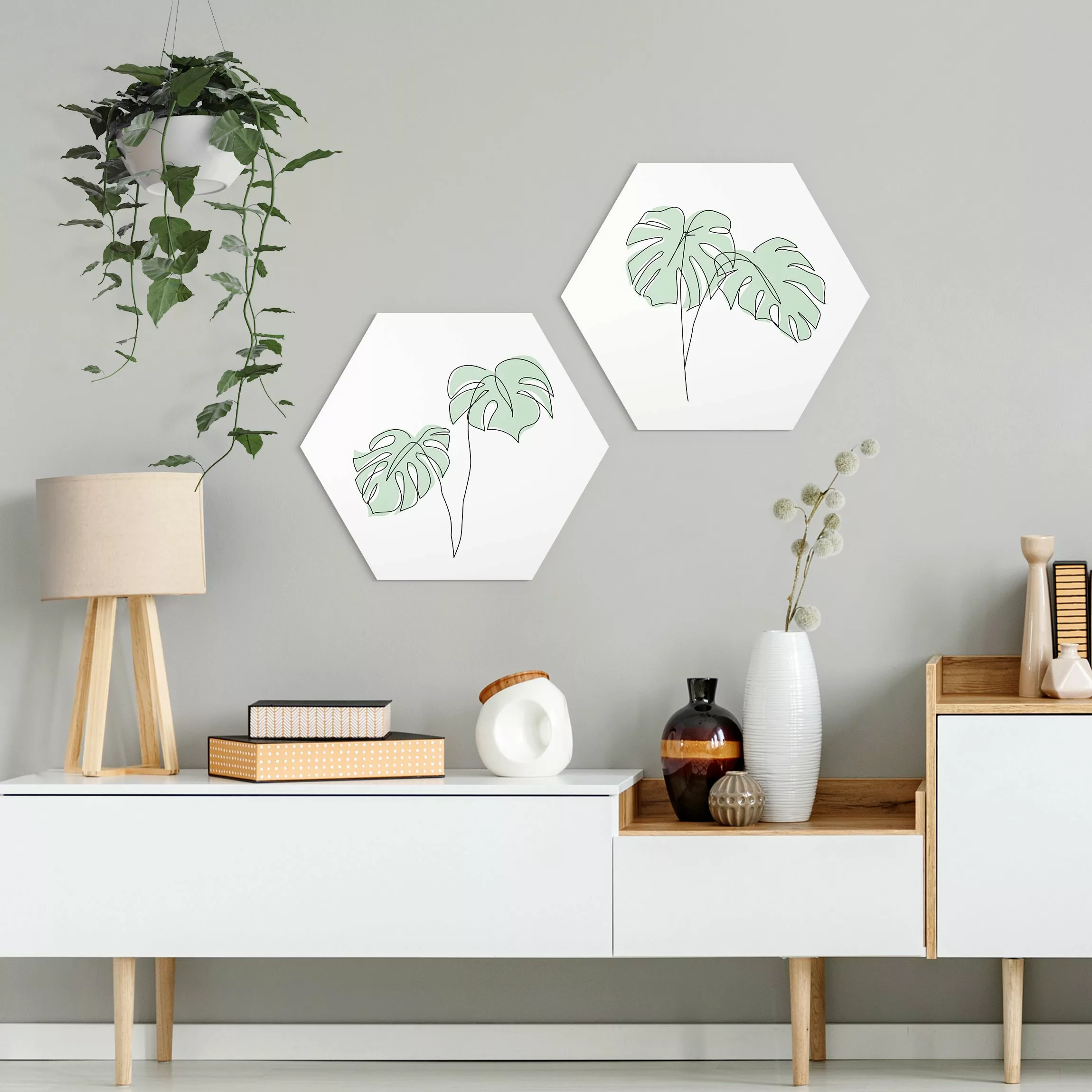 2-teiliges Hexagon-Alu-Dibond Bild Monstera Blätter Line Art Set günstig online kaufen