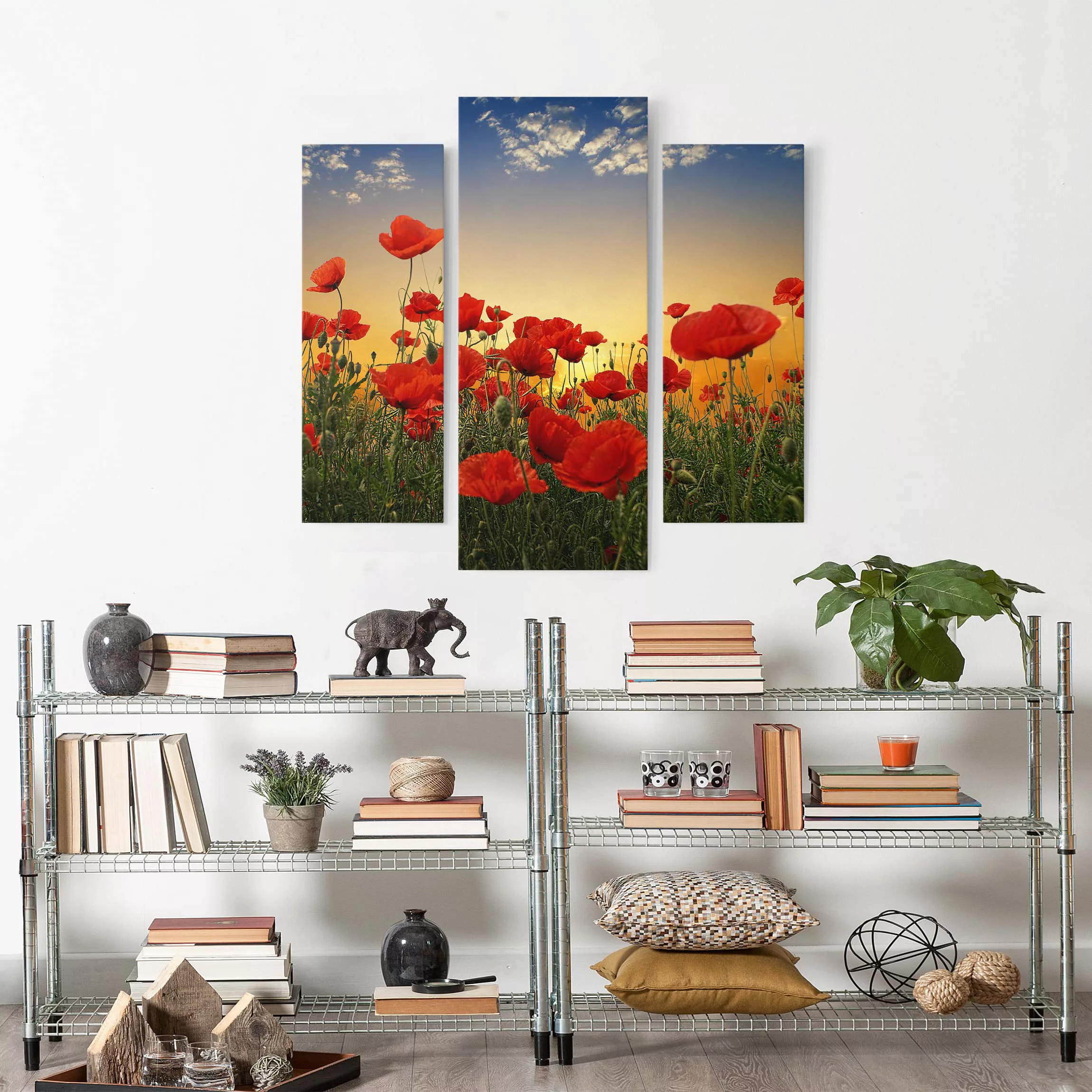 3-teiliges Leinwandbild Blumen - Querformat Mohnblumenfeld im Sonnenunterga günstig online kaufen