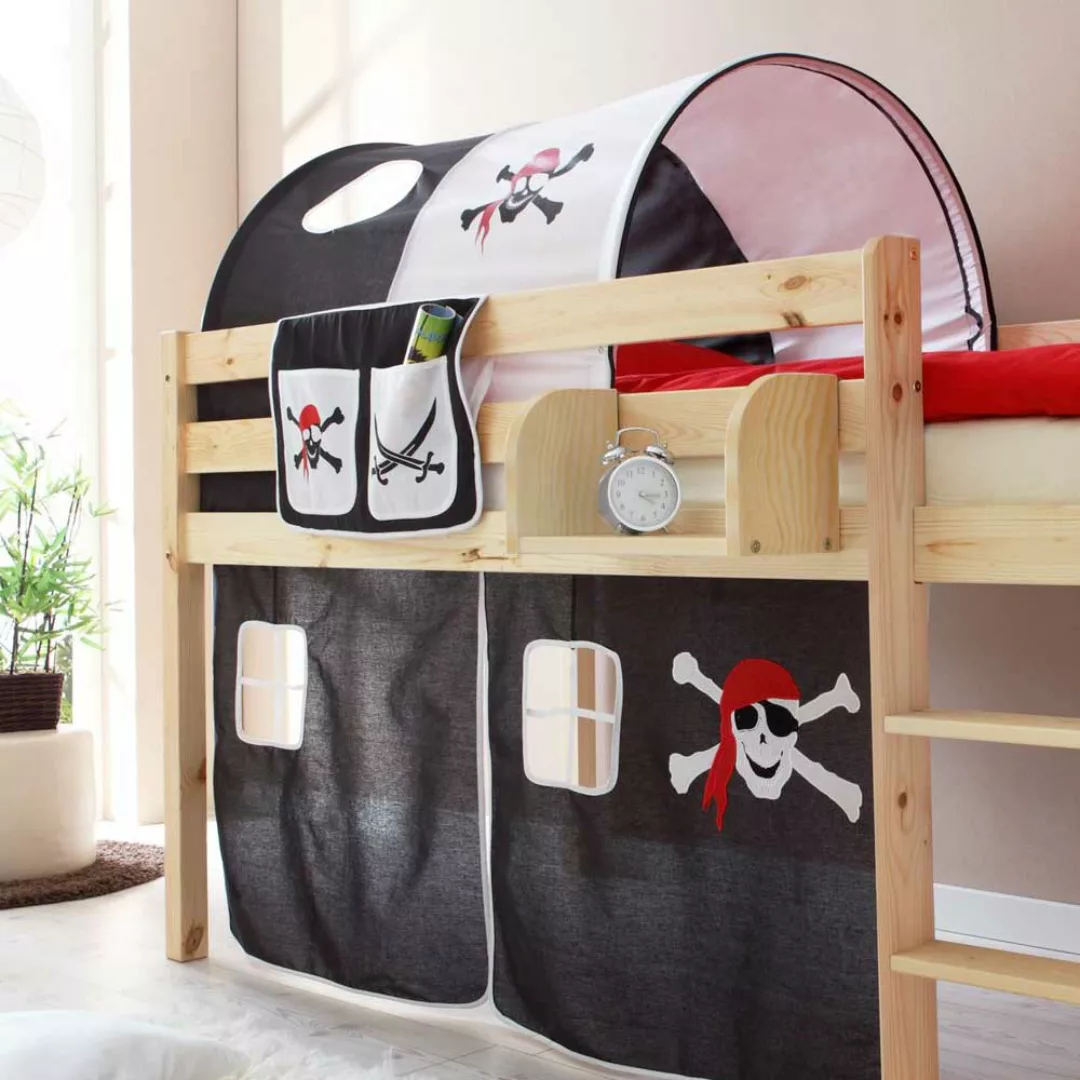 Piraten Kinderbett mit Tunnel und Vorhang Schwarz Weiß günstig online kaufen