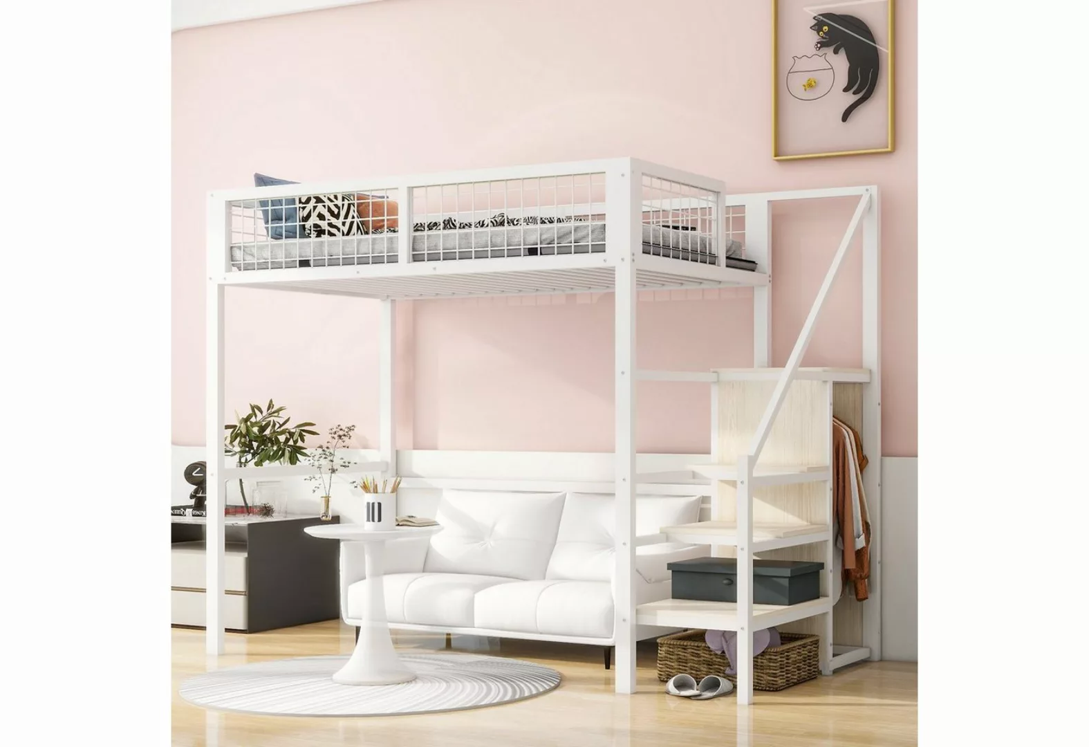 Odikalo Kinderbett Hochbett Eisenrahmen Lagerregal Kleiderschrank 90/140x20 günstig online kaufen